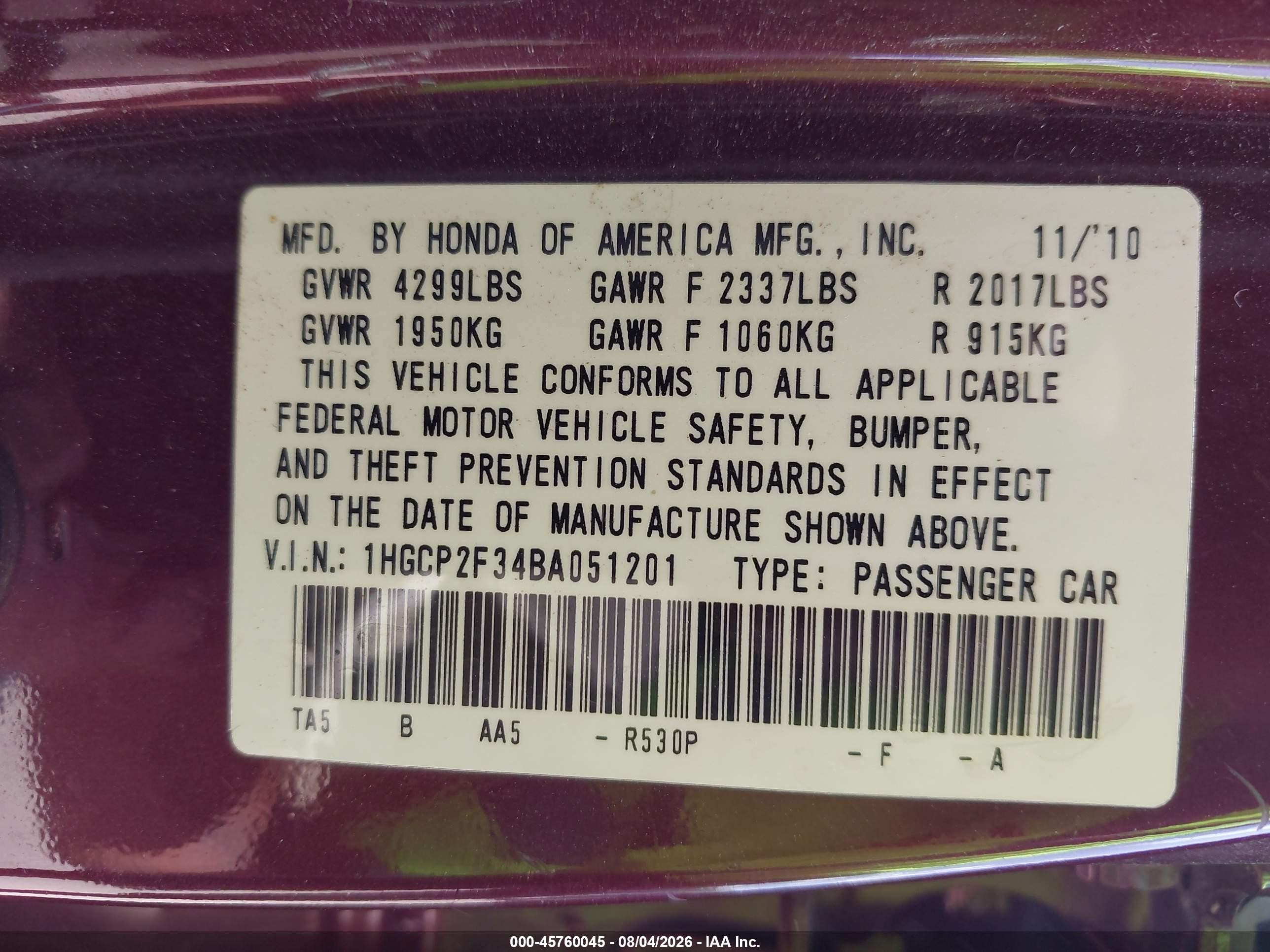 2011 Honda Accord 2.4 Lx Maroon vin: 1HGCP2F34BA051201