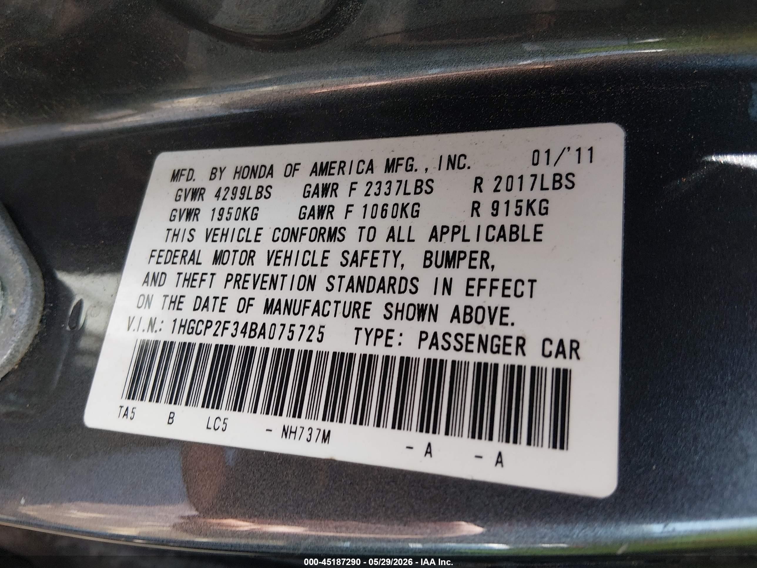2011 Honda Accord 2.4 Lx Gray vin: 1HGCP2F34BA075725