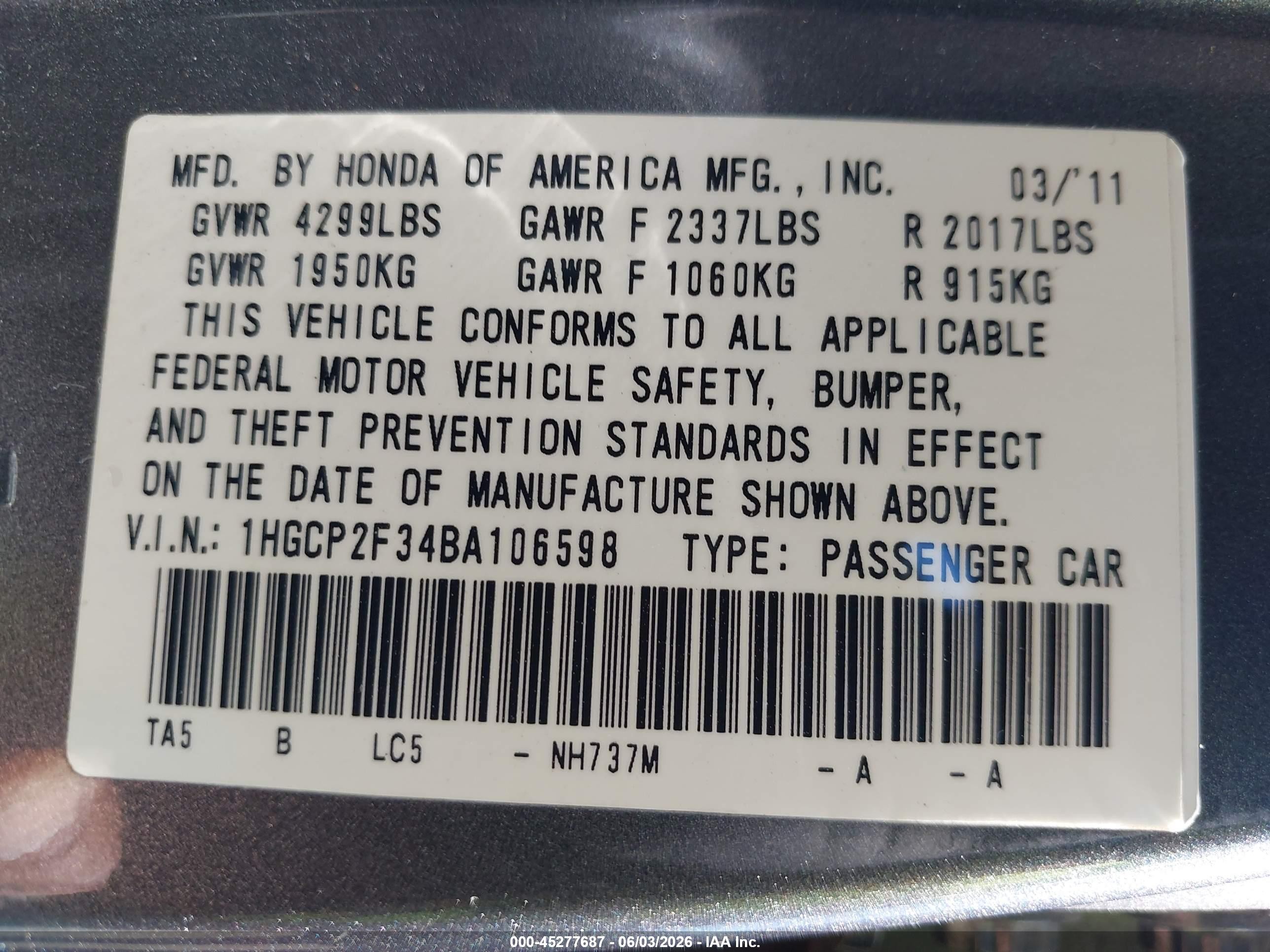 2011 Honda Accord 2.4 Lx Gray vin: 1HGCP2F34BA106598