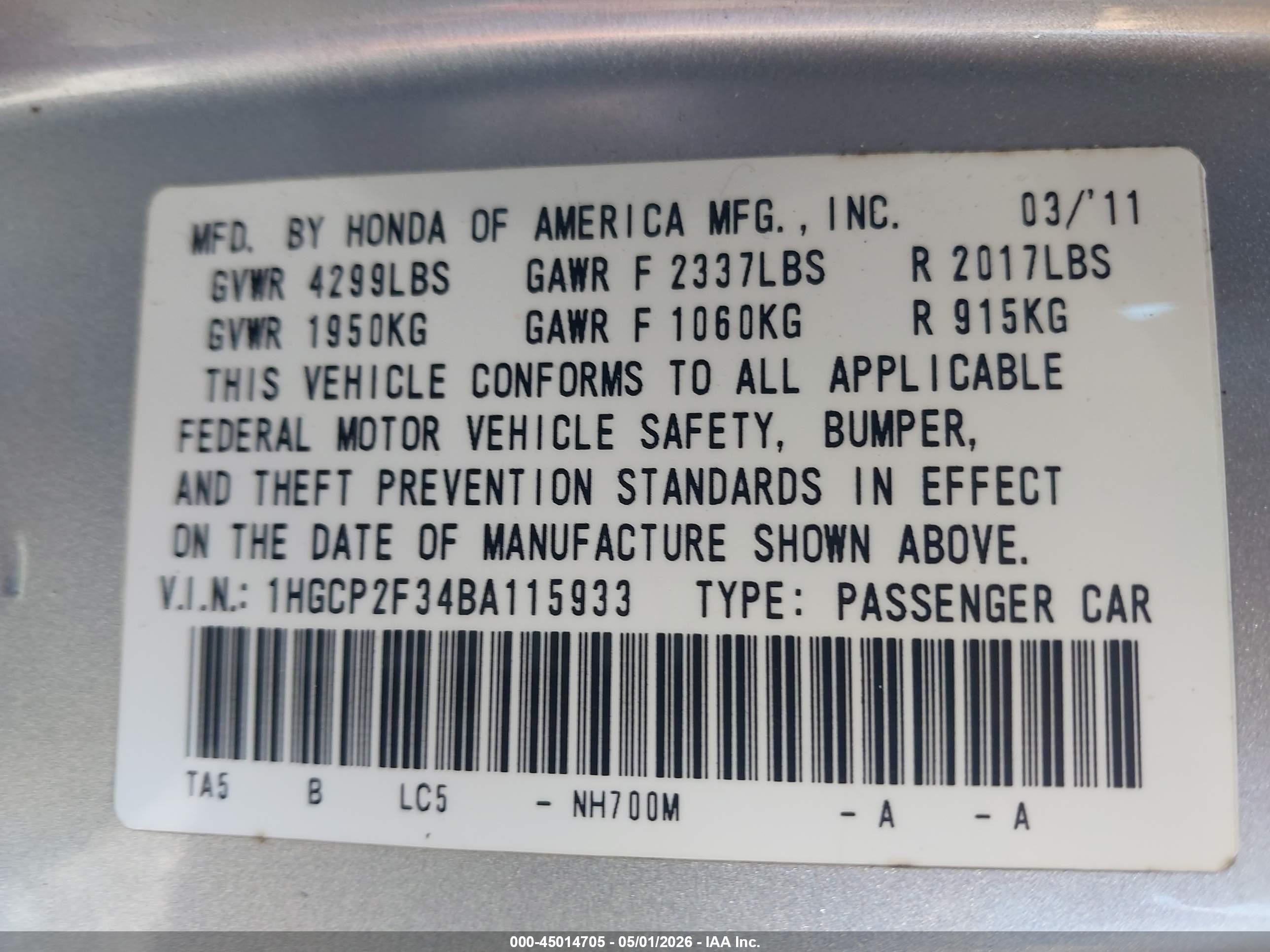 2011 Honda Accord 2.4 Lx Silver vin: 1HGCP2F34BA115933
