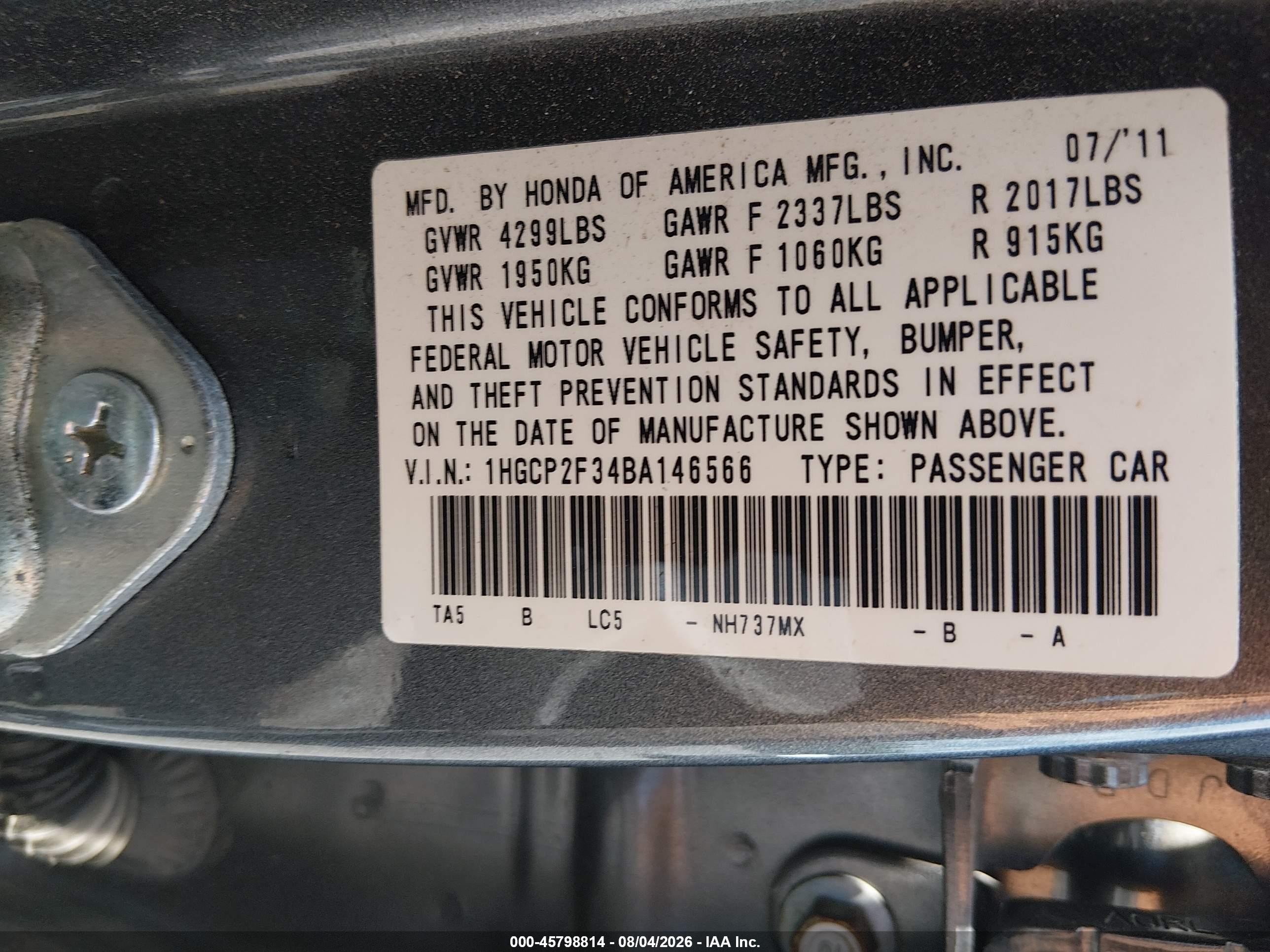 2011 Honda Accord 2.4 Lx Серый vin: 1HGCP2F34BA146566