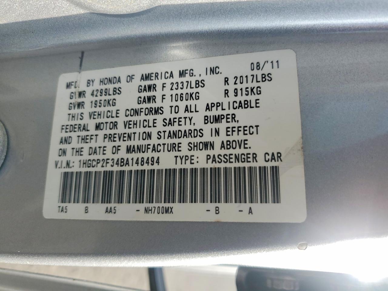 2011 Honda Accord Lx Silver vin: 1HGCP2F34BA148494