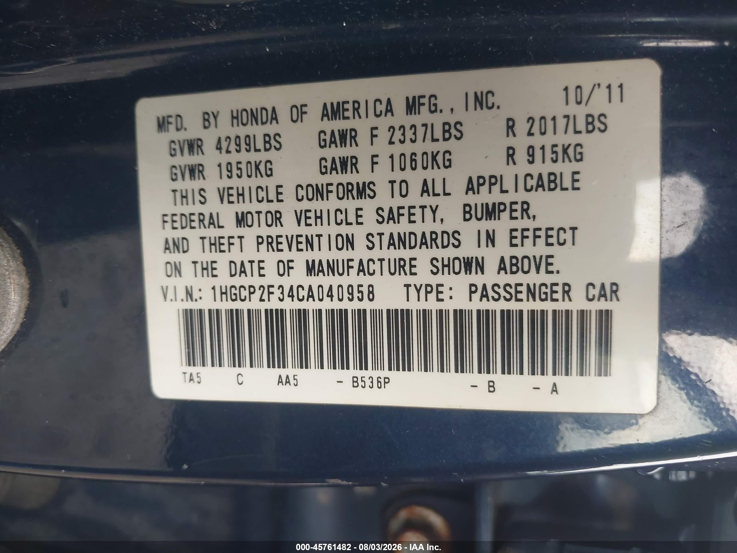 2012 Honda Accord Sdn Lx Blue vin: 1HGCP2F34CA040958