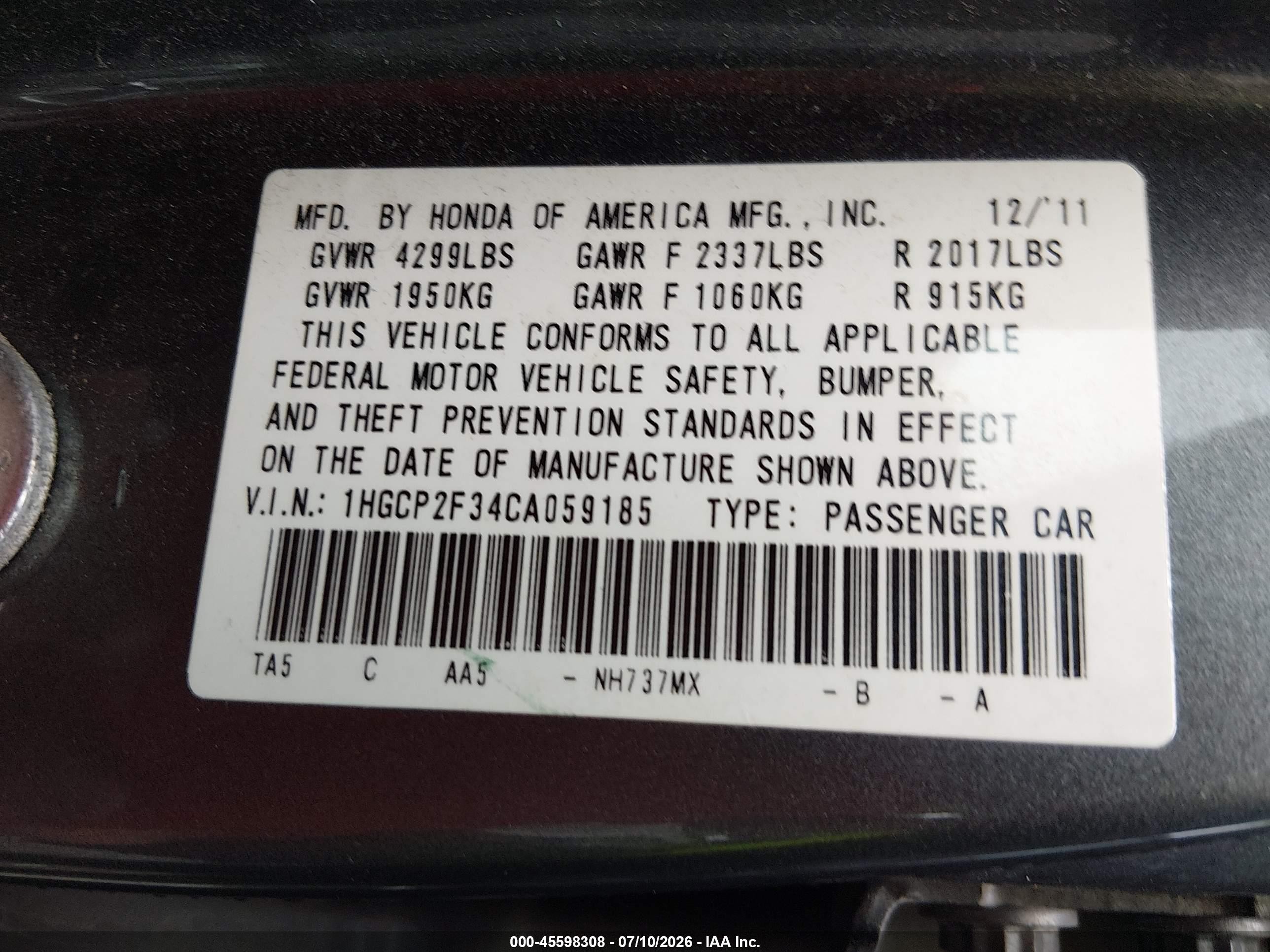 2012 Honda Accord Sdn Lx Gray vin: 1HGCP2F34CA059185