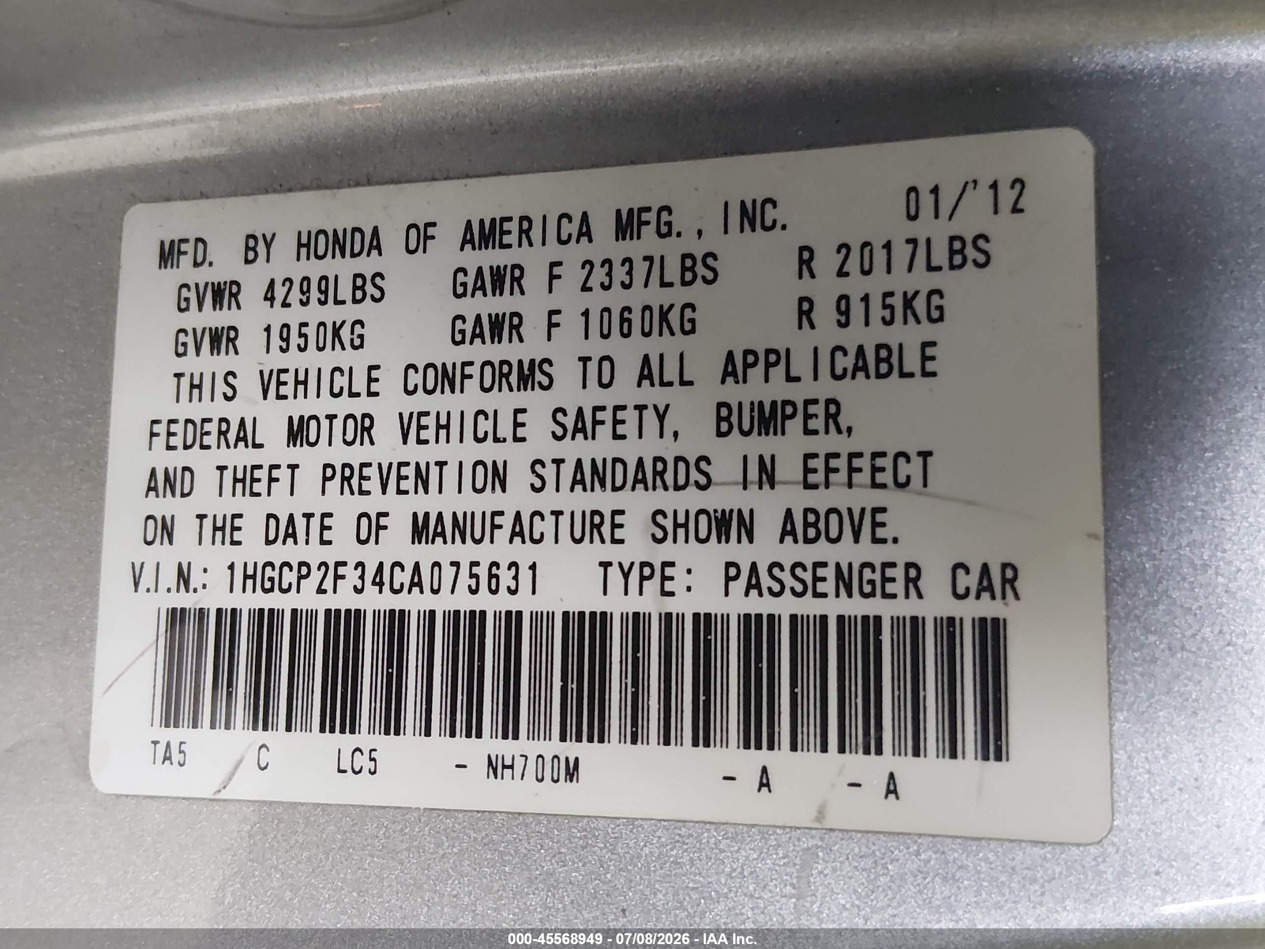 2012 Honda Accord 2.4 Lx Silver vin: 1HGCP2F34CA075631