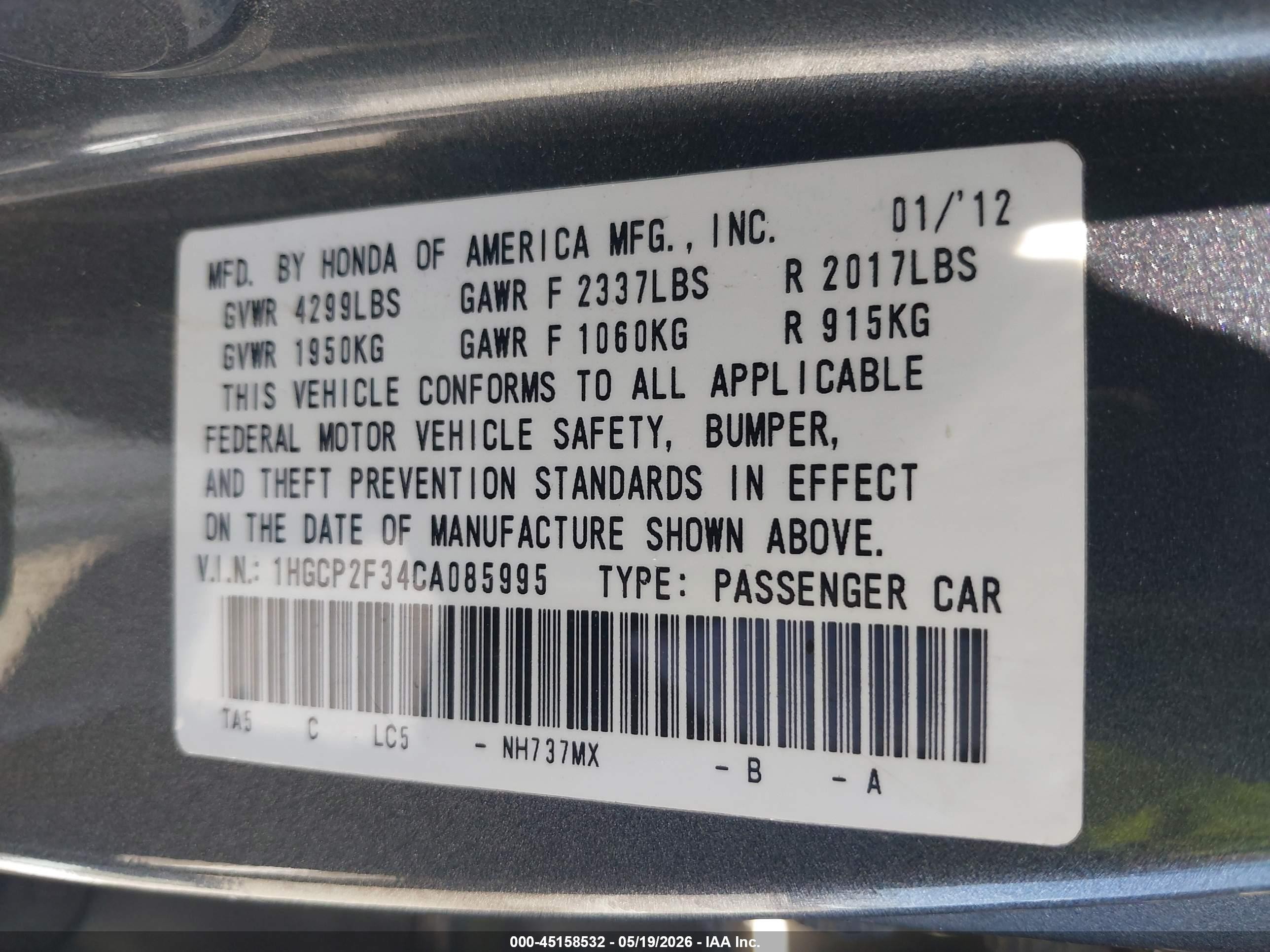 2012 Honda Accord 2.4 Lx Gray vin: 1HGCP2F34CA085995