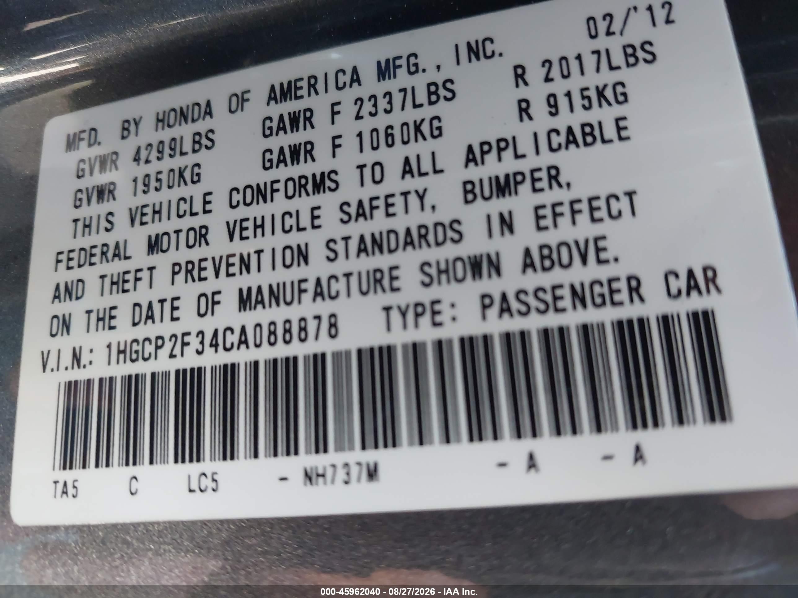 2012 Honda Accord Sdn Lx Gray vin: 1HGCP2F34CA088878