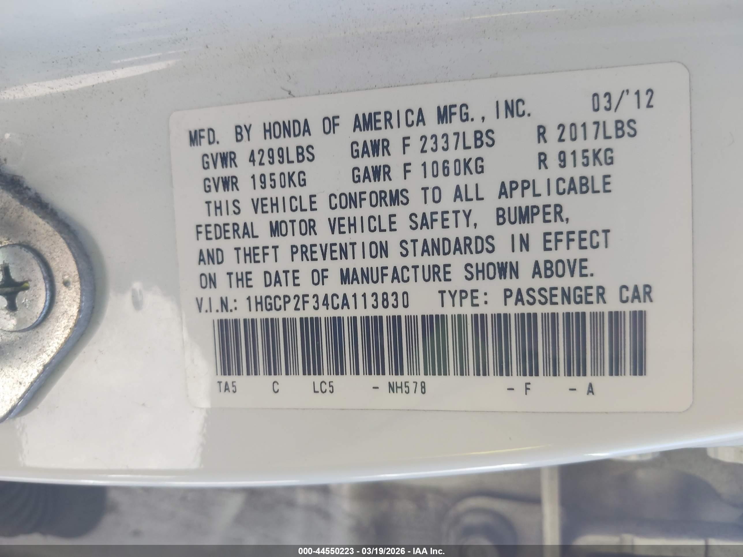 2012 Honda Accord 2.4 Lx White vin: 1HGCP2F34CA113830