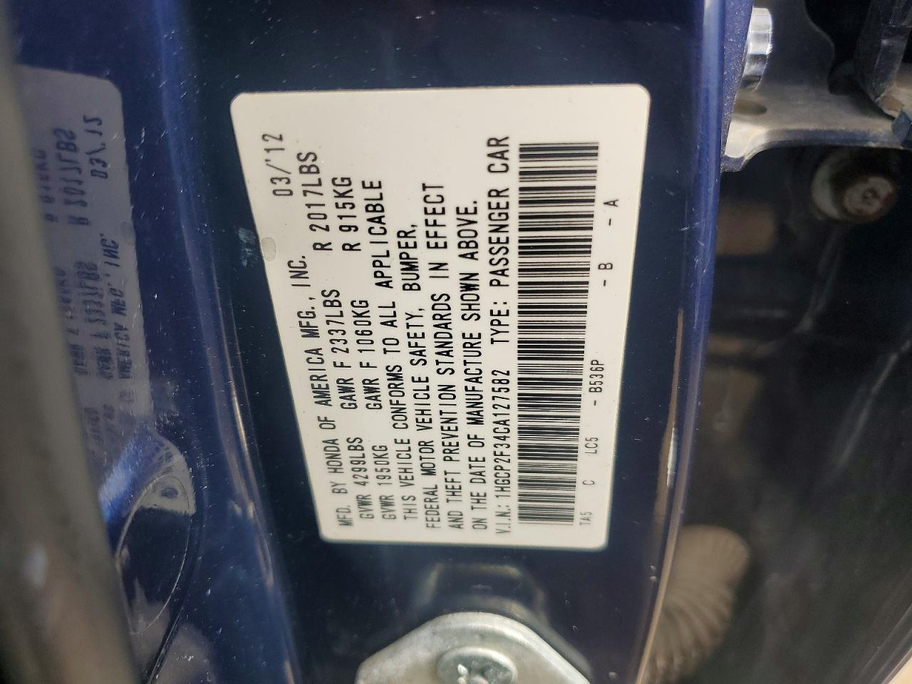 2012 Honda Accord Lx Blue vin: 1HGCP2F34CA127582