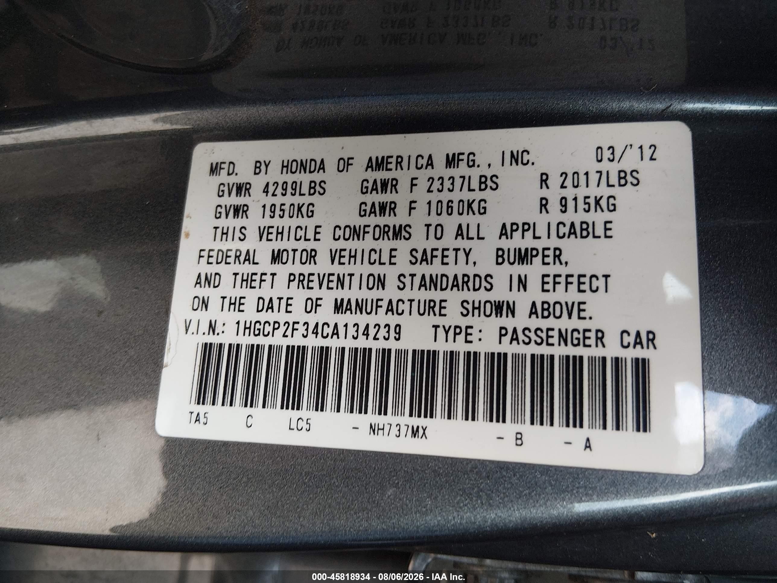2012 Honda Accord Sdn Lx Gray vin: 1HGCP2F34CA134239