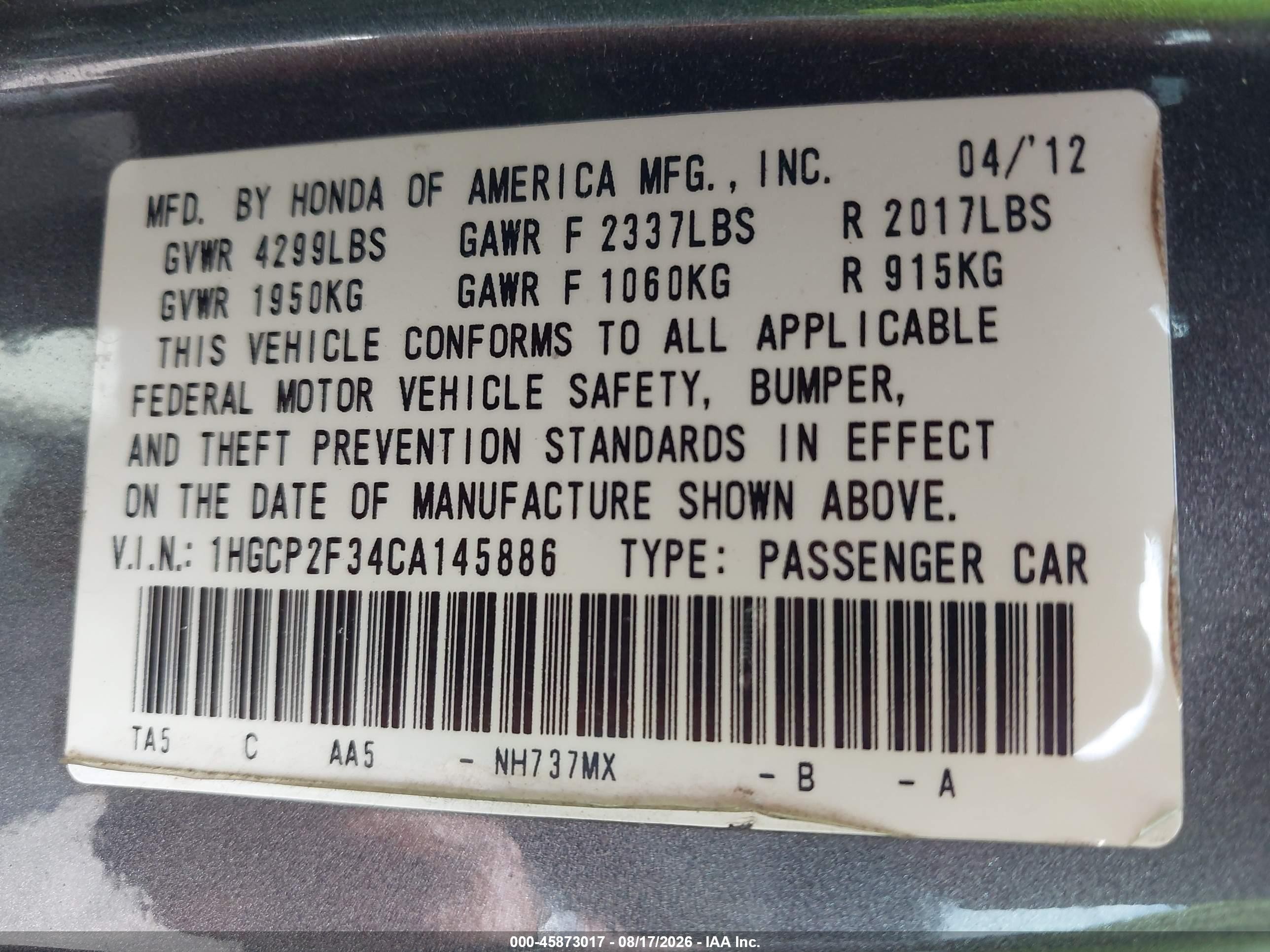 2012 Honda Accord Sdn Lx Gray vin: 1HGCP2F34CA145886