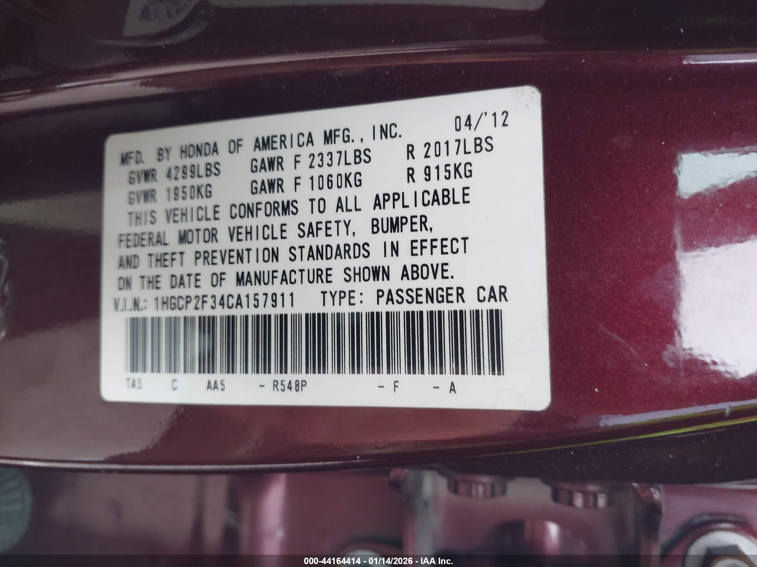 2012 Honda Accord 2.4 Lx Burgundy vin: 1HGCP2F34CA157911