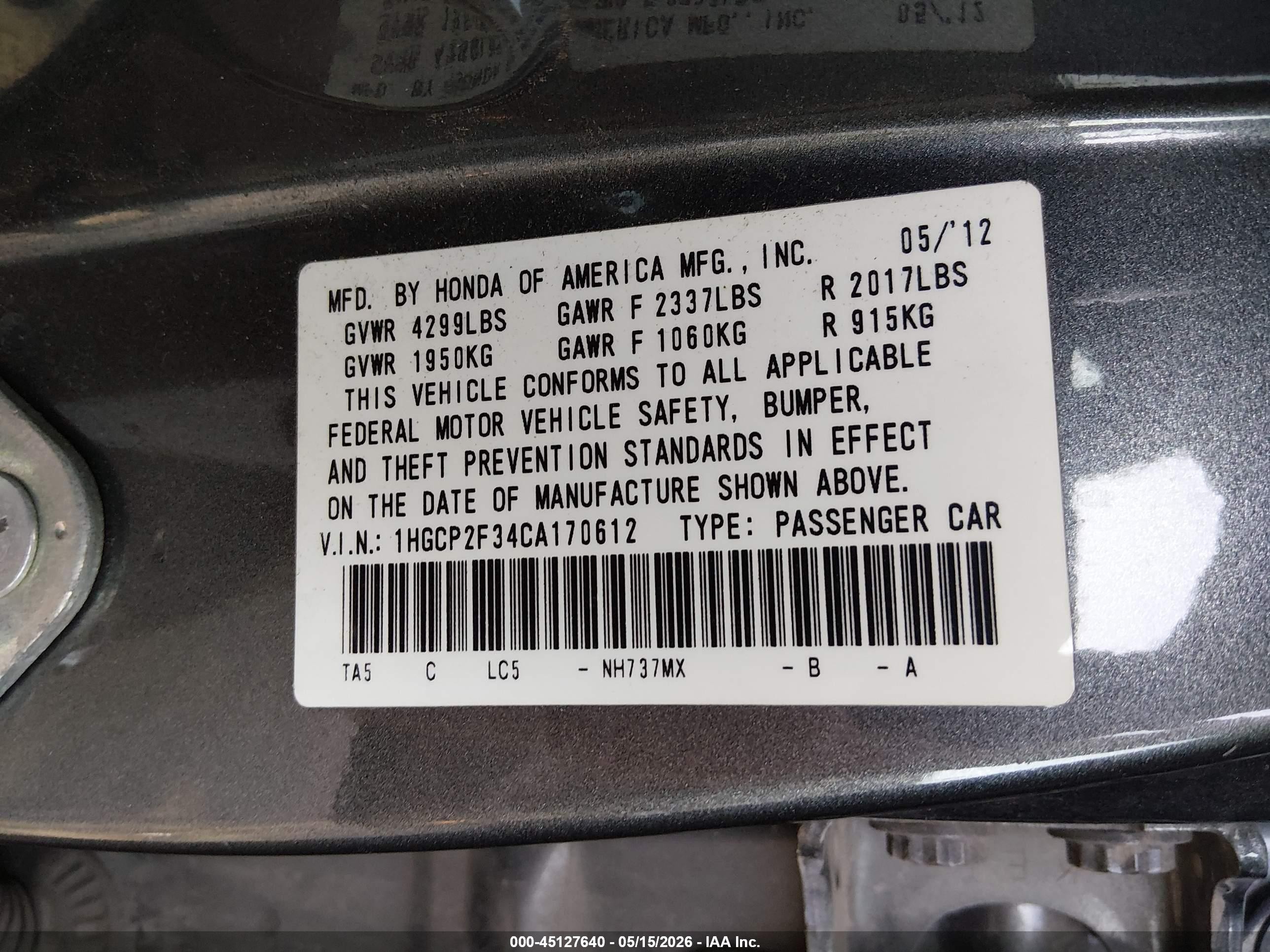 2012 Honda Accord 2.4 Lx Gray vin: 1HGCP2F34CA170612