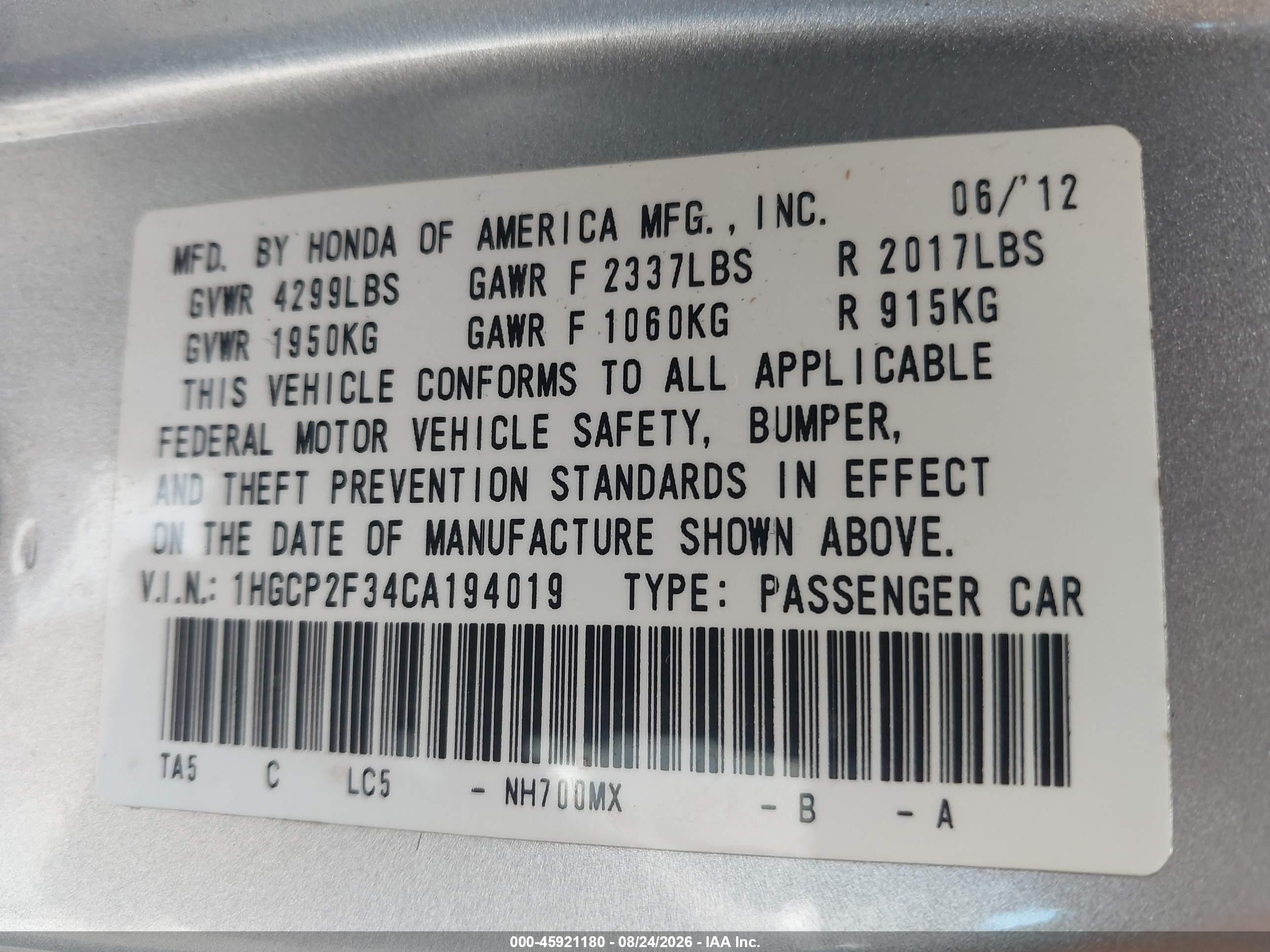 2012 Honda Accord Sdn Lx Silver vin: 1HGCP2F34CA194019