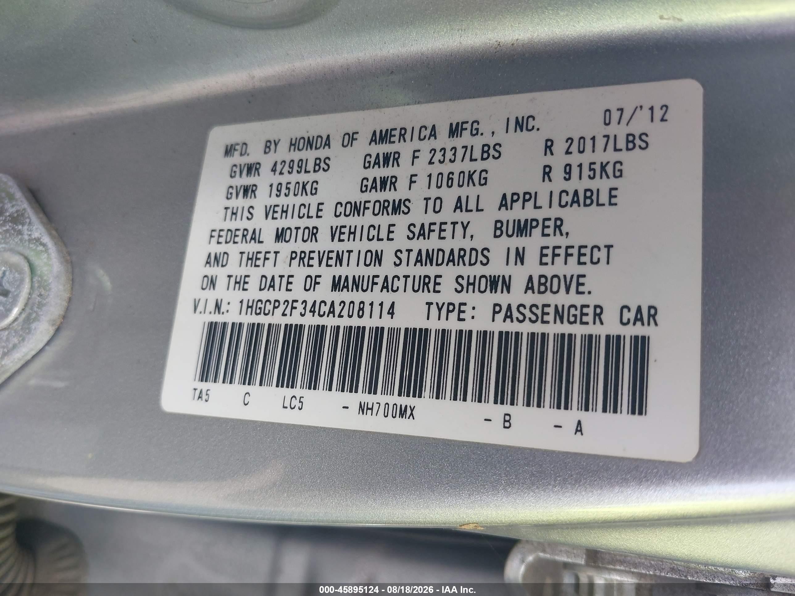 2012 Honda Accord Sdn Lx Silver vin: 1HGCP2F34CA208114