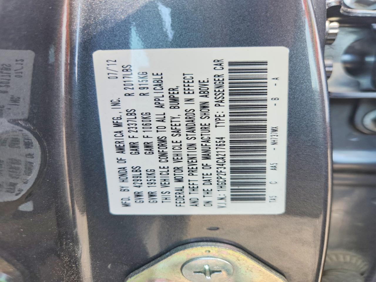 2012 Honda Accord Lx Gray vin: 1HGCP2F34CA217654