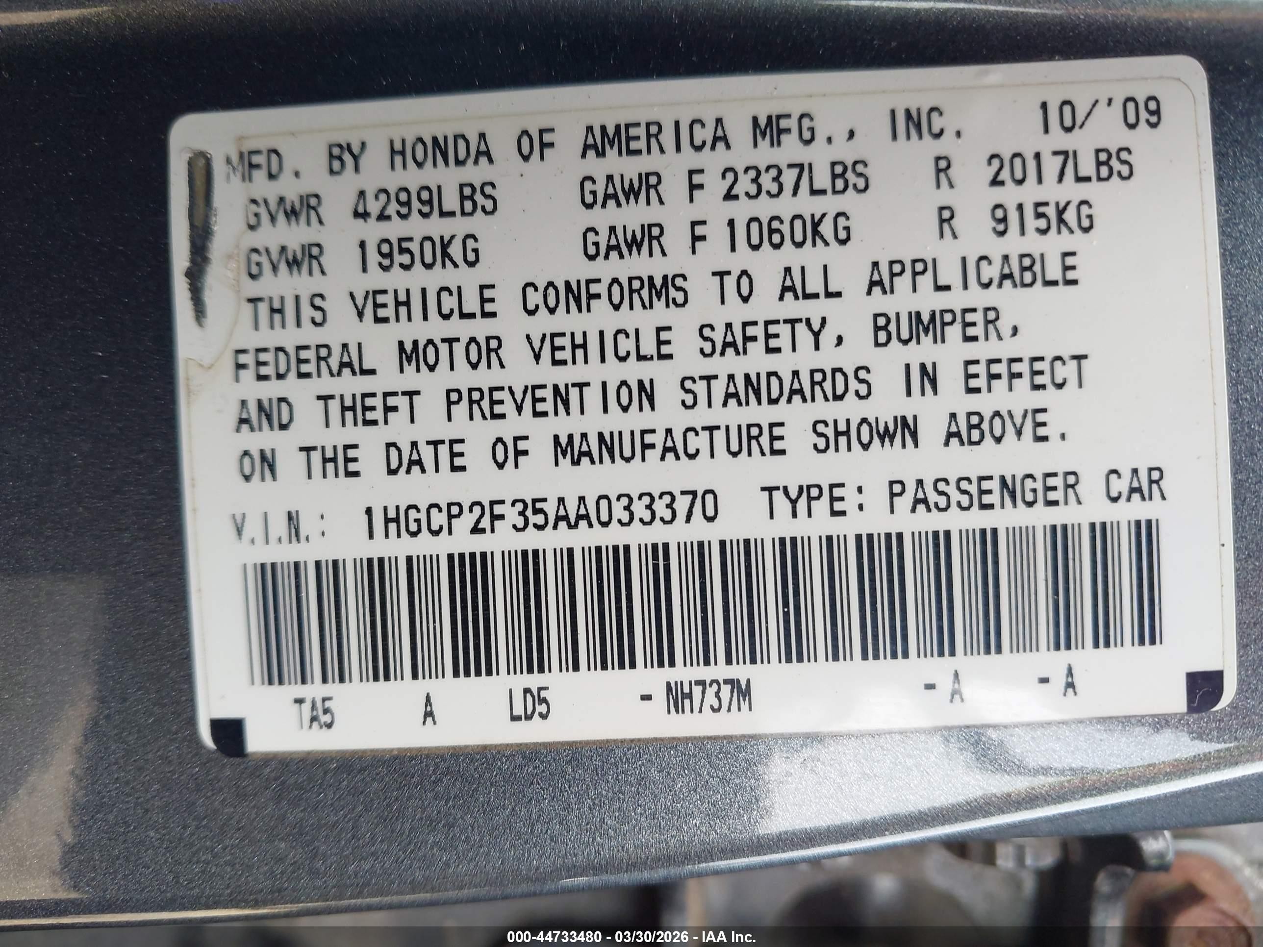 2010 Honda Accord 2.4 Lx Gray vin: 1HGCP2F35AA033370