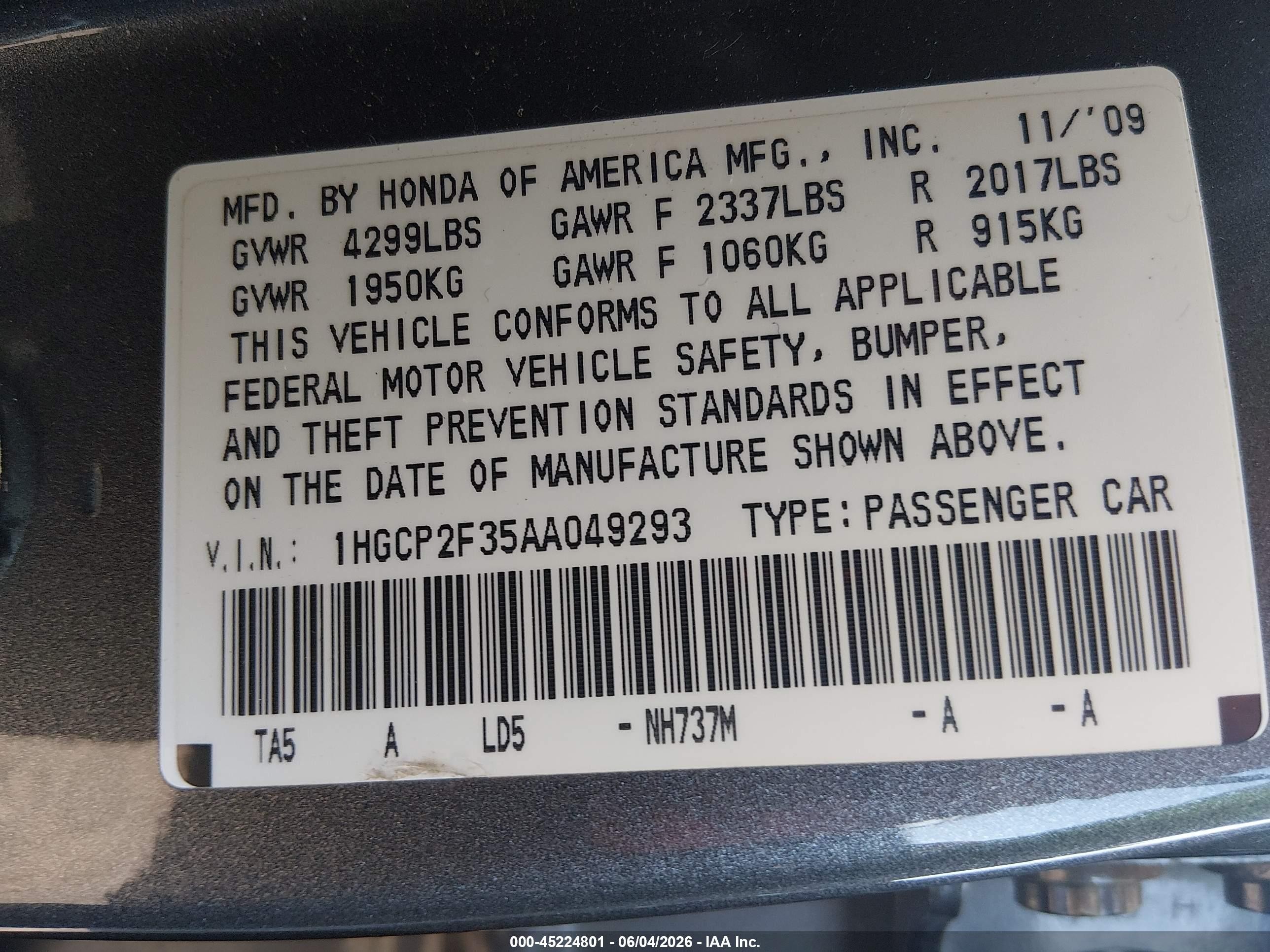 2010 Honda Accord 2.4 Lx Gray vin: 1HGCP2F35AA049293