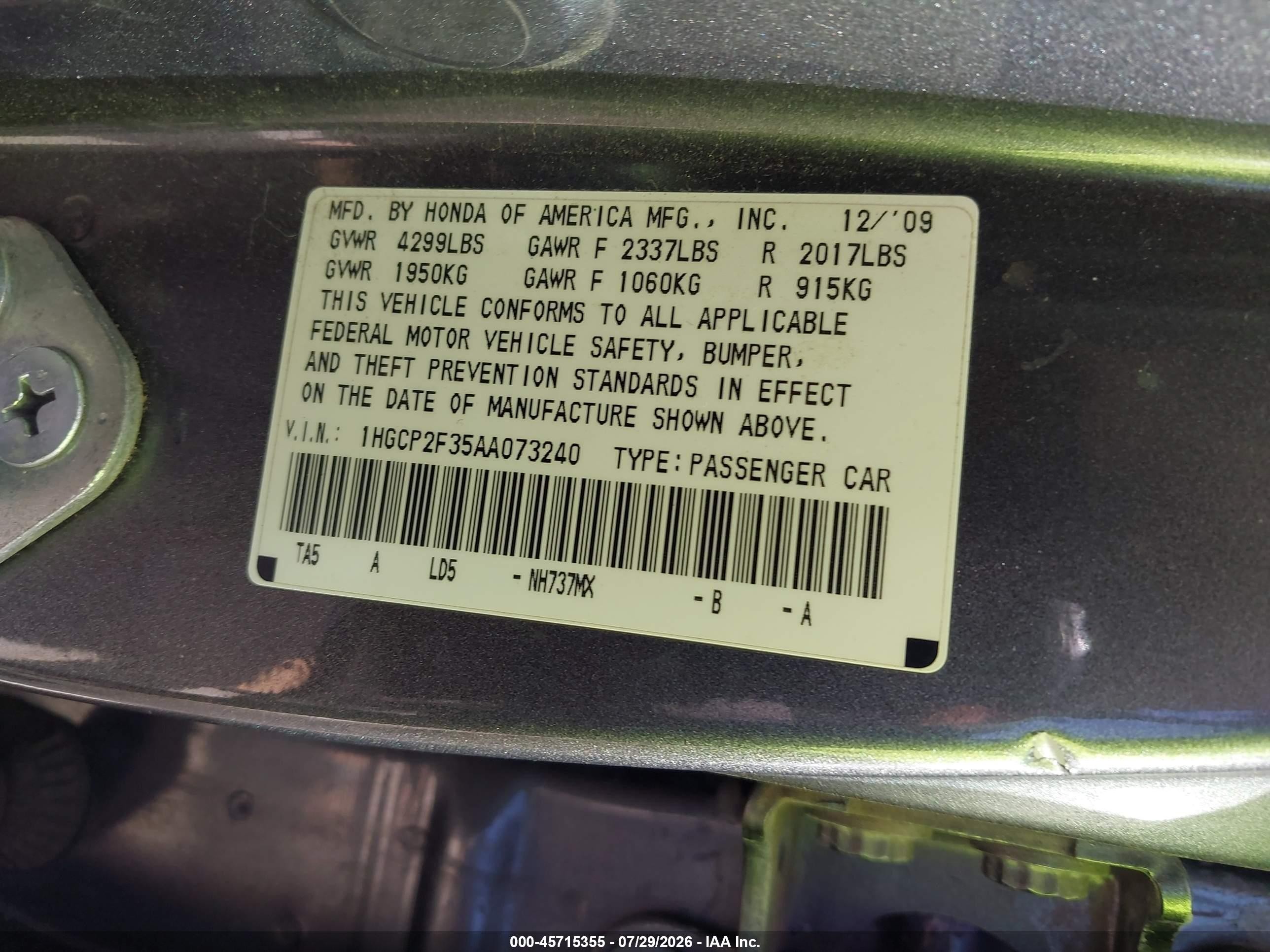 2010 Honda Accord 2.4 Lx Gray vin: 1HGCP2F35AA073240