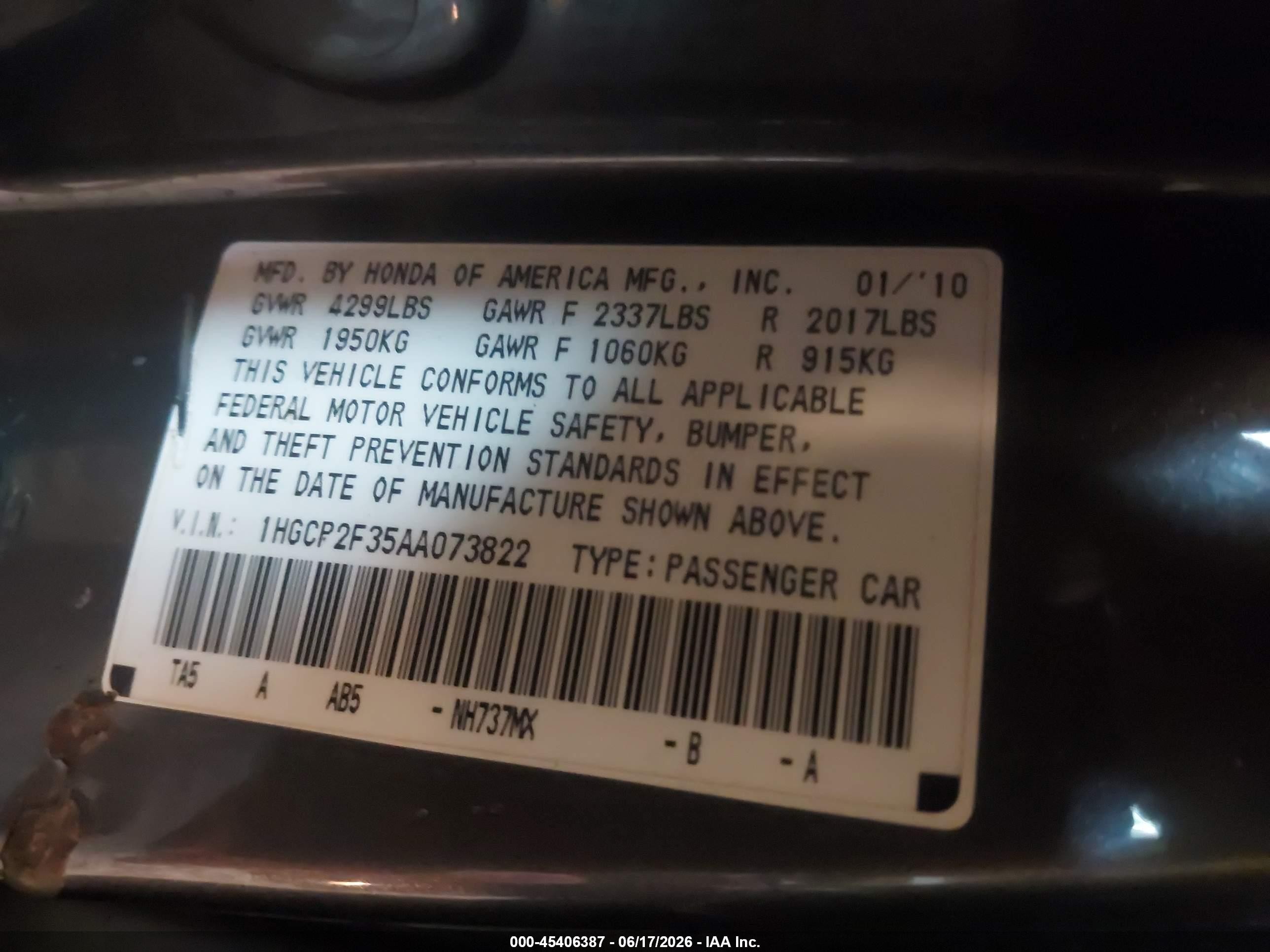 2010 Honda Accord 2.4 Lx Серый vin: 1HGCP2F35AA073822