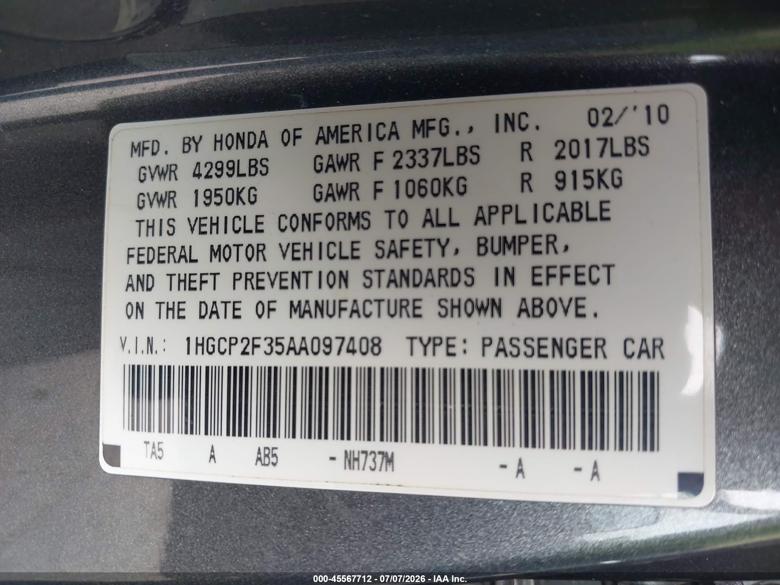 2010 Honda Accord 2.4 Lx Gray vin: 1HGCP2F35AA097408