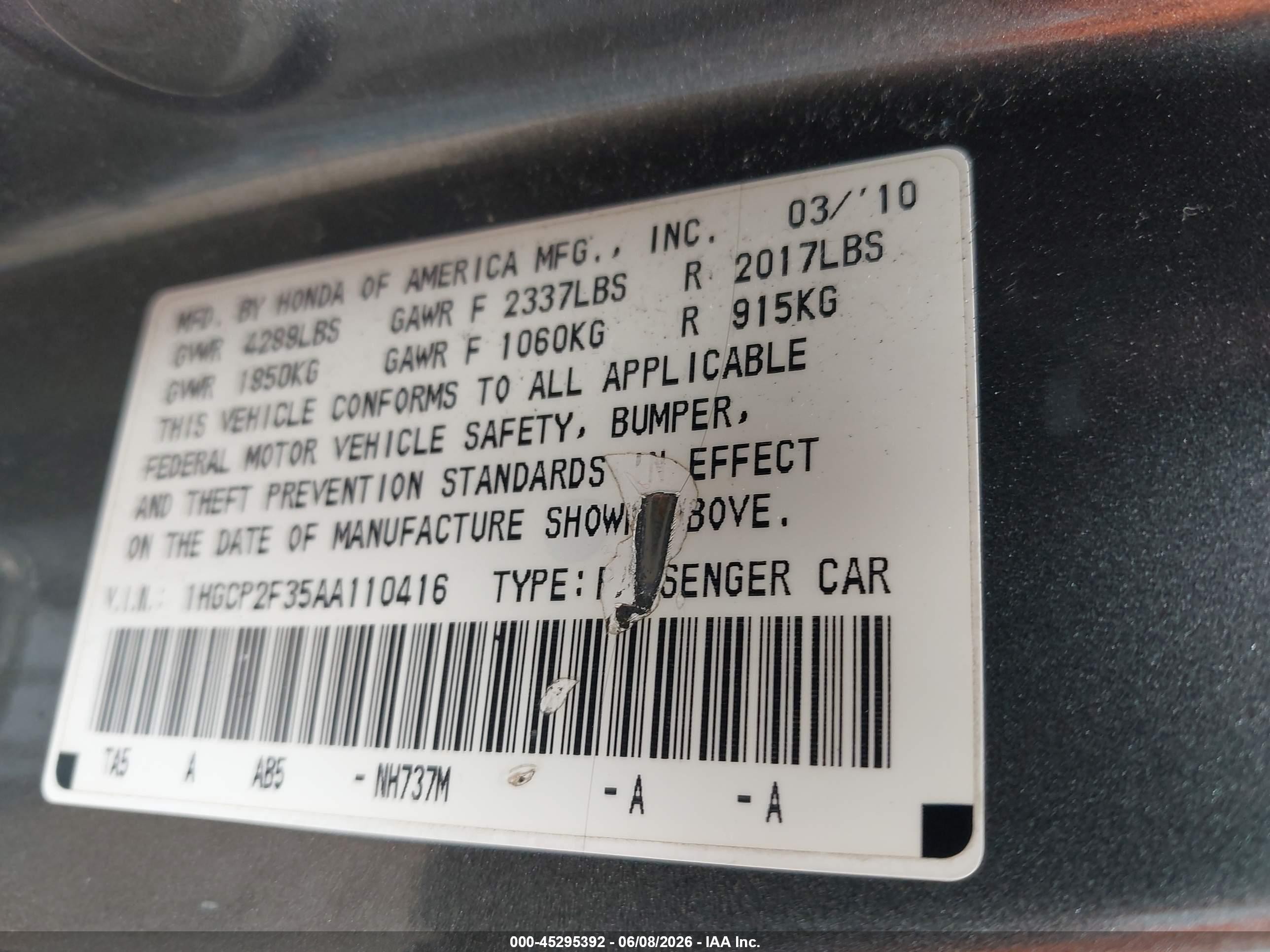 2010 Honda Accord 2.4 Lx Silver vin: 1HGCP2F35AA110416