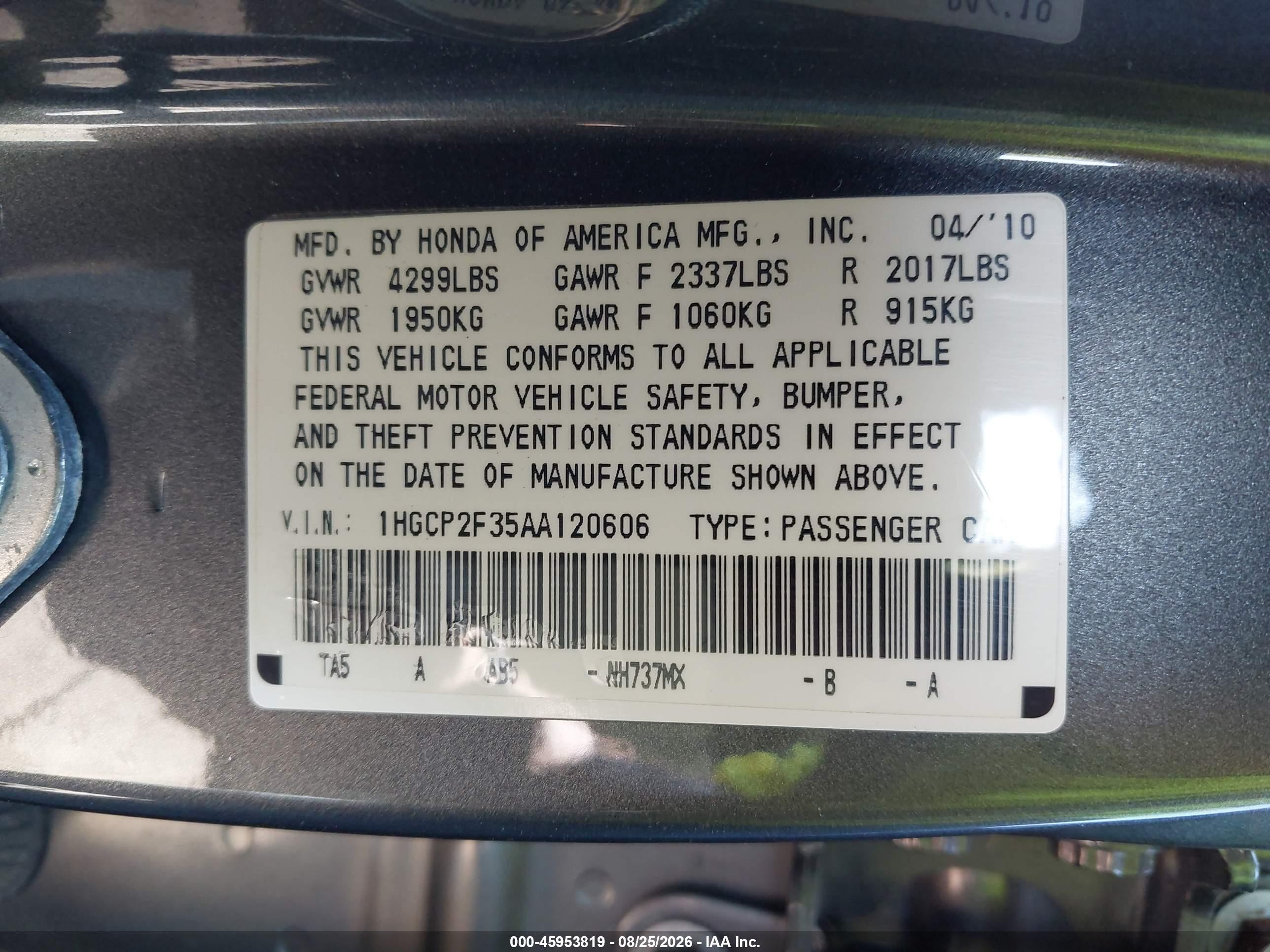 2010 Honda Accord 2.4 Lx Gray vin: 1HGCP2F35AA120606