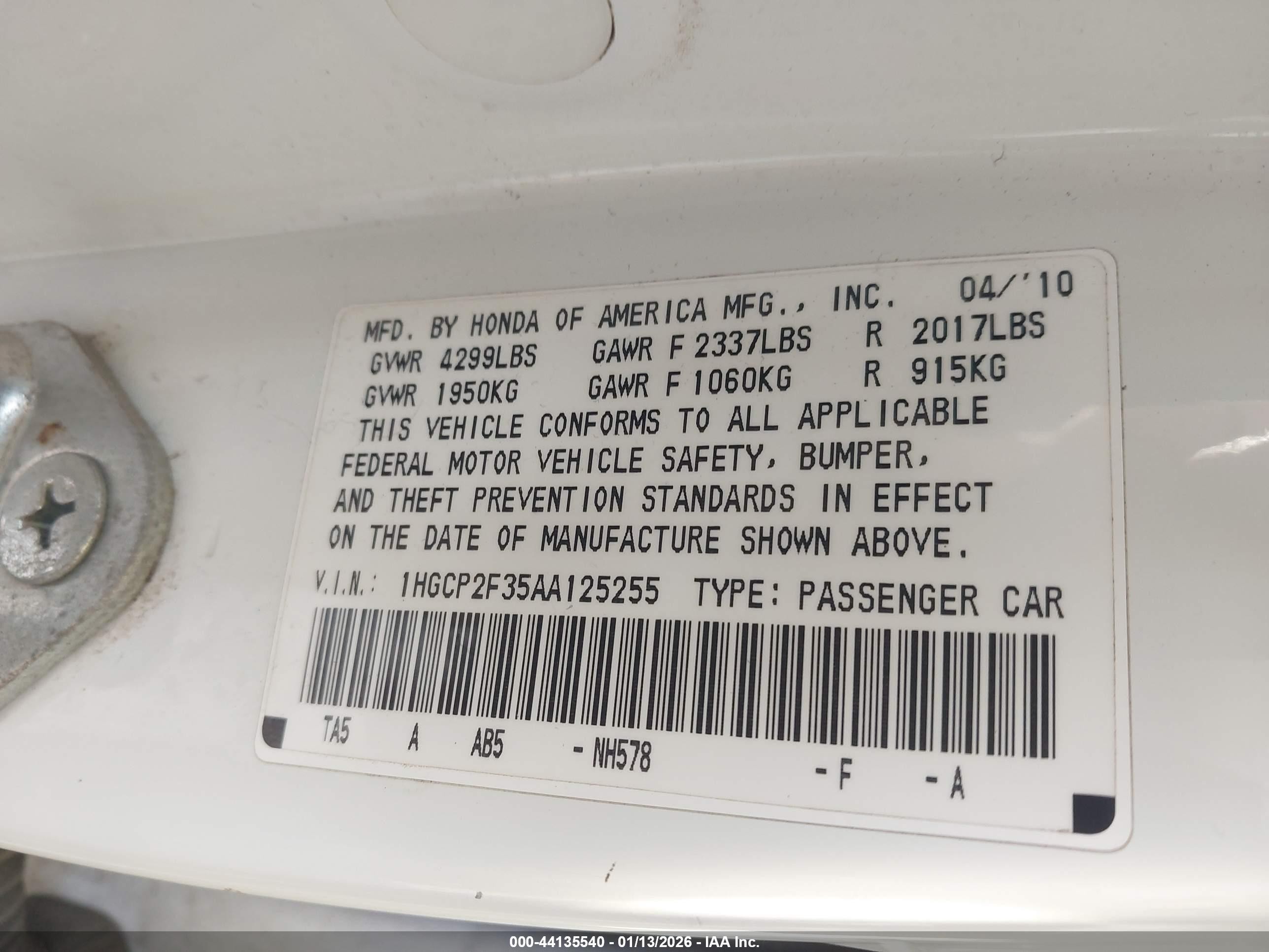 2010 Honda Accord 2.4 Lx White vin: 1HGCP2F35AA125255