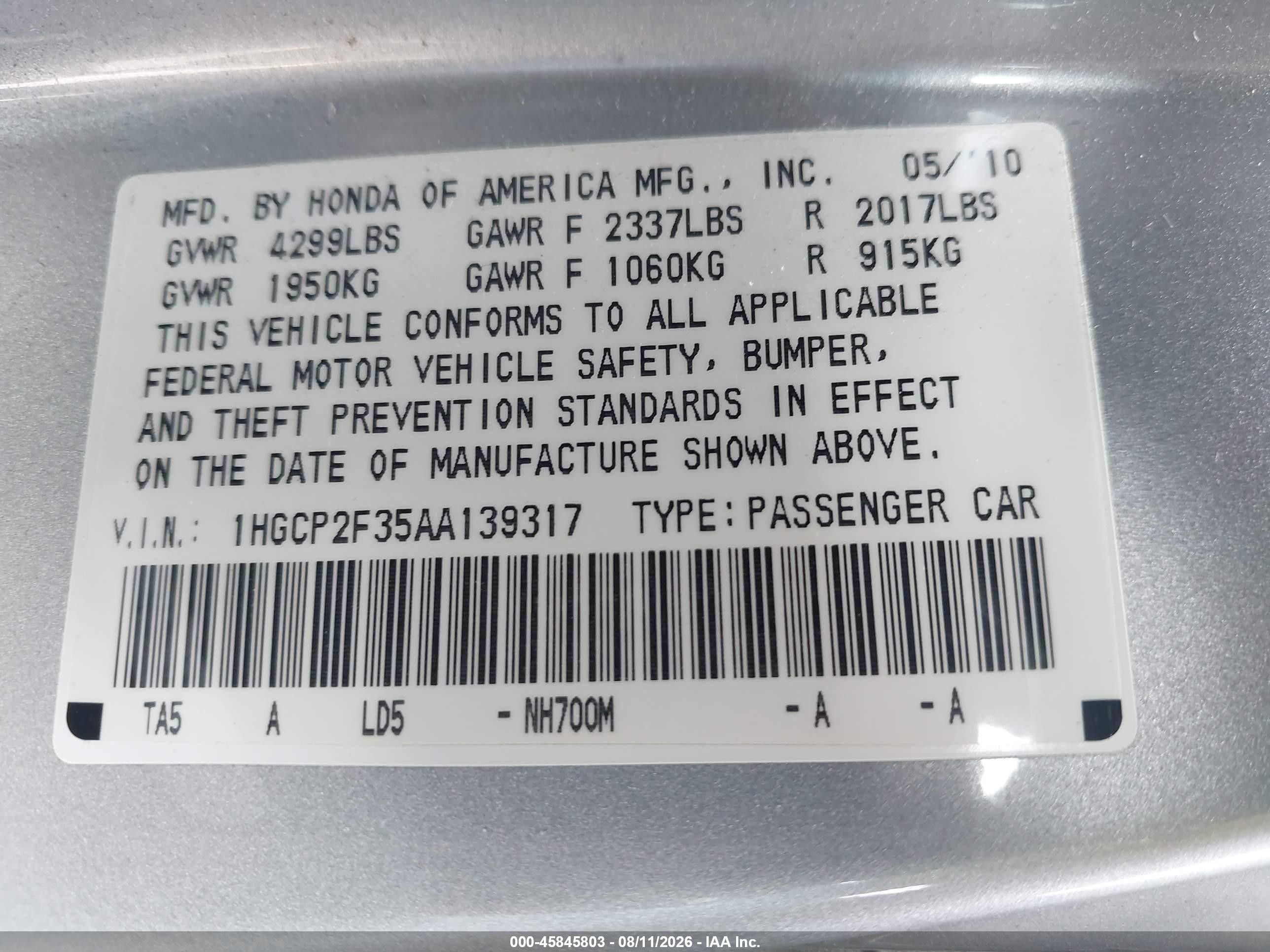 2010 Honda Accord 2.4 Lx Silver vin: 1HGCP2F35AA139317