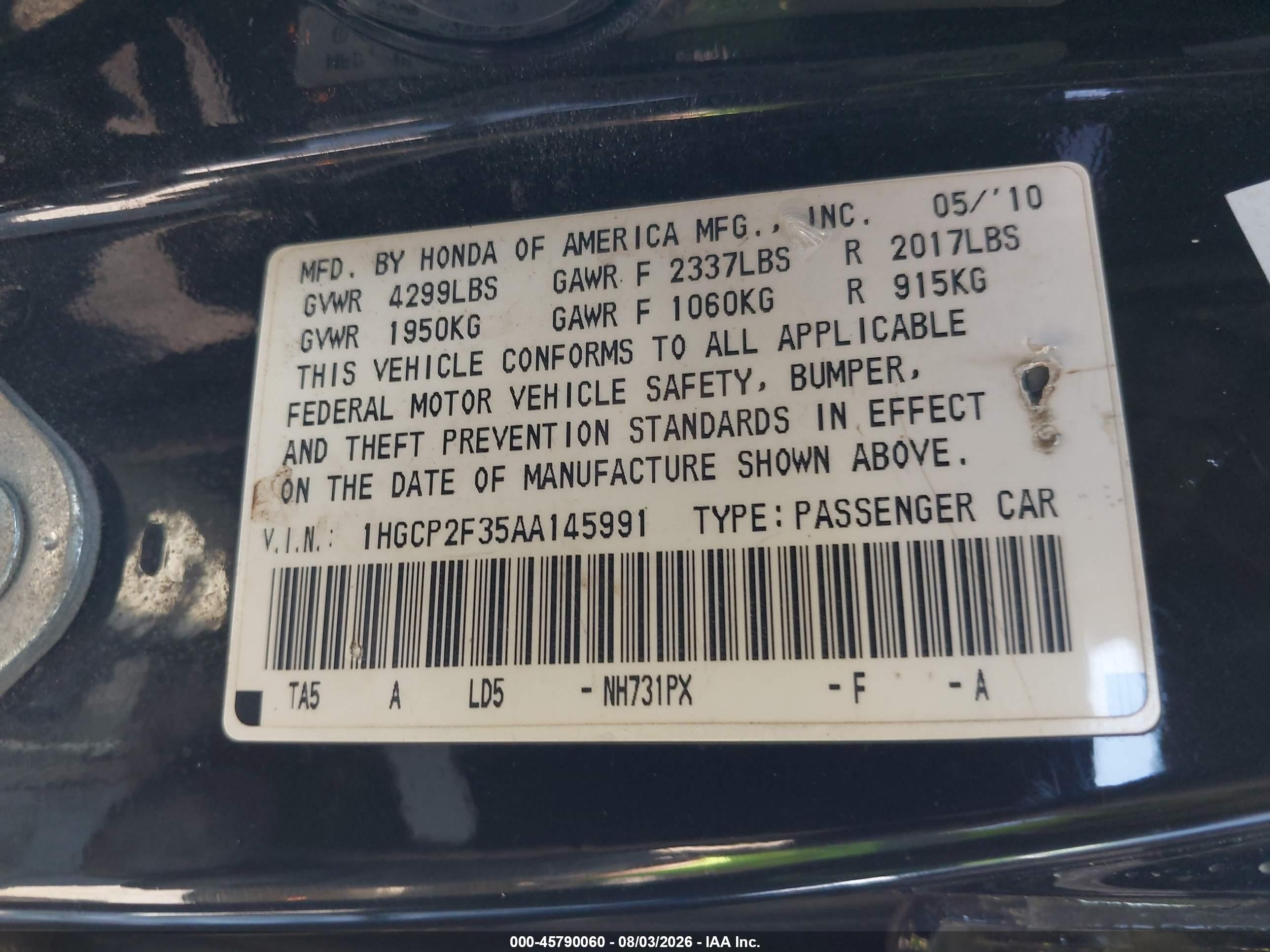 2010 Honda Accord 2.4 Lx Black vin: 1HGCP2F35AA145991