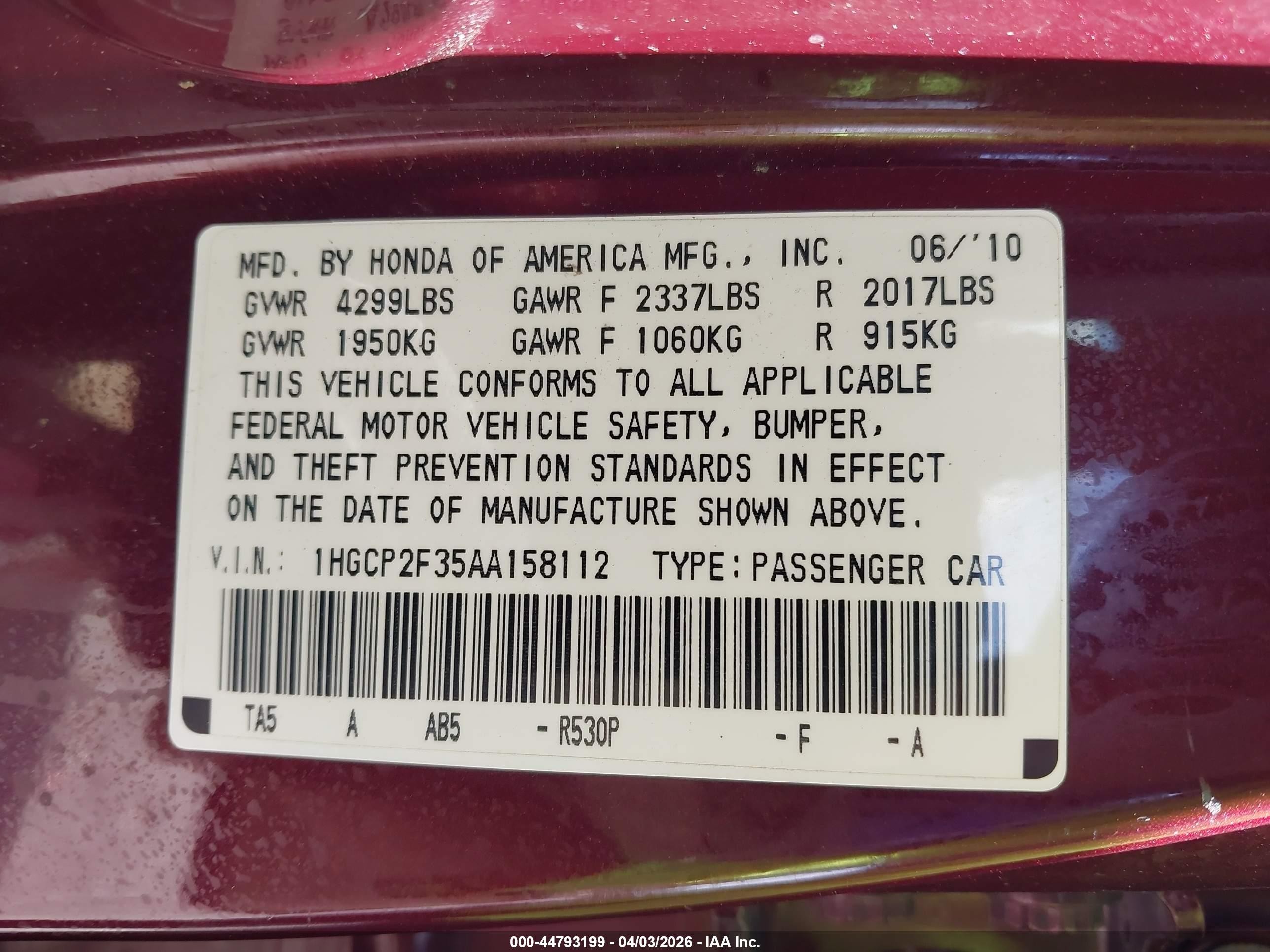 2010 Honda Accord 2.4 Lx Burgundy vin: 1HGCP2F35AA158112