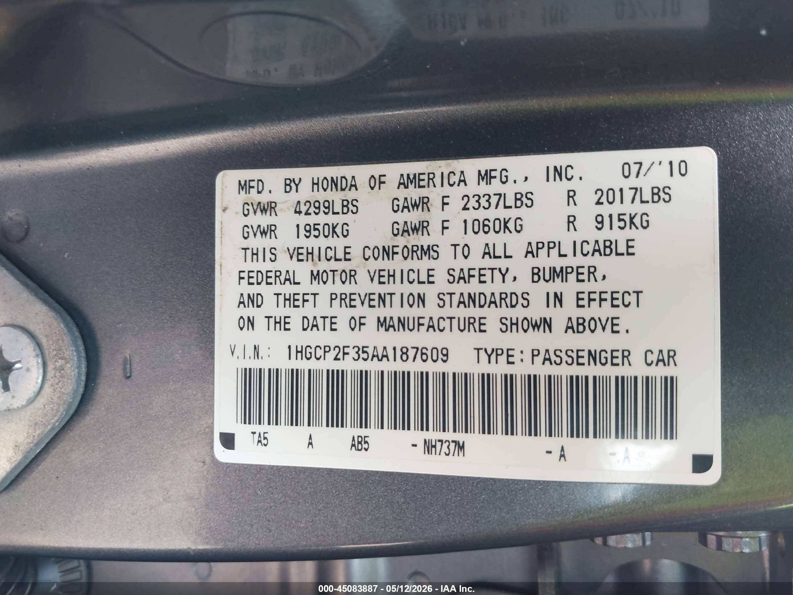 2010 Honda Accord 2.4 Lx Gray vin: 1HGCP2F35AA187609
