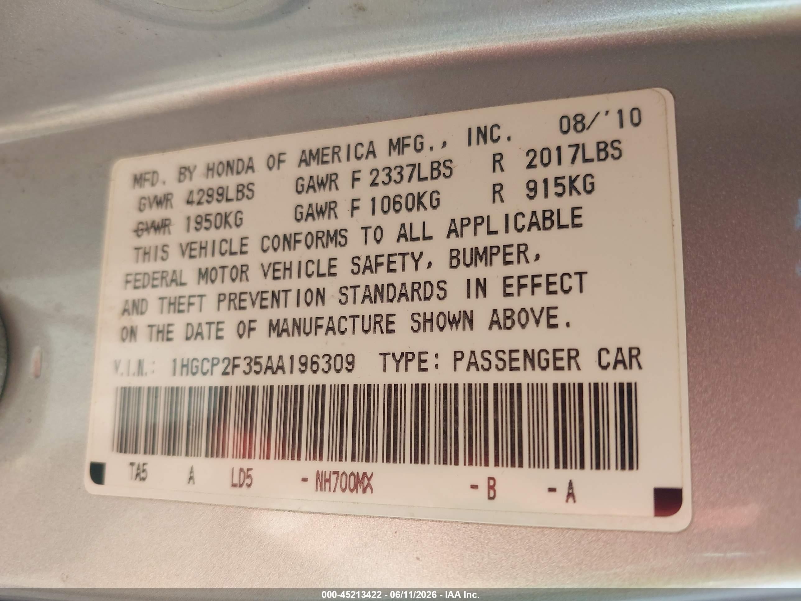2010 Honda Accord 2.4 Lx Silver vin: 1HGCP2F35AA196309