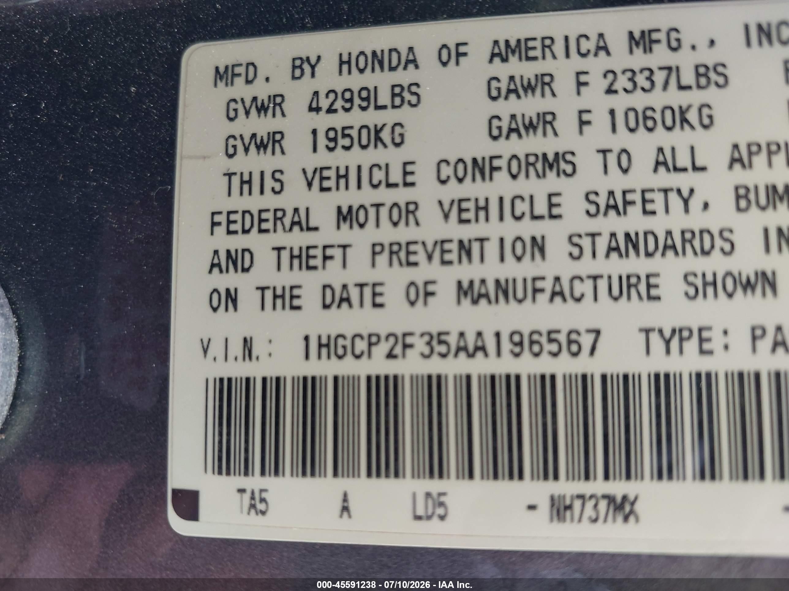 2010 Honda Accord 2.4 Lx Gray vin: 1HGCP2F35AA196567