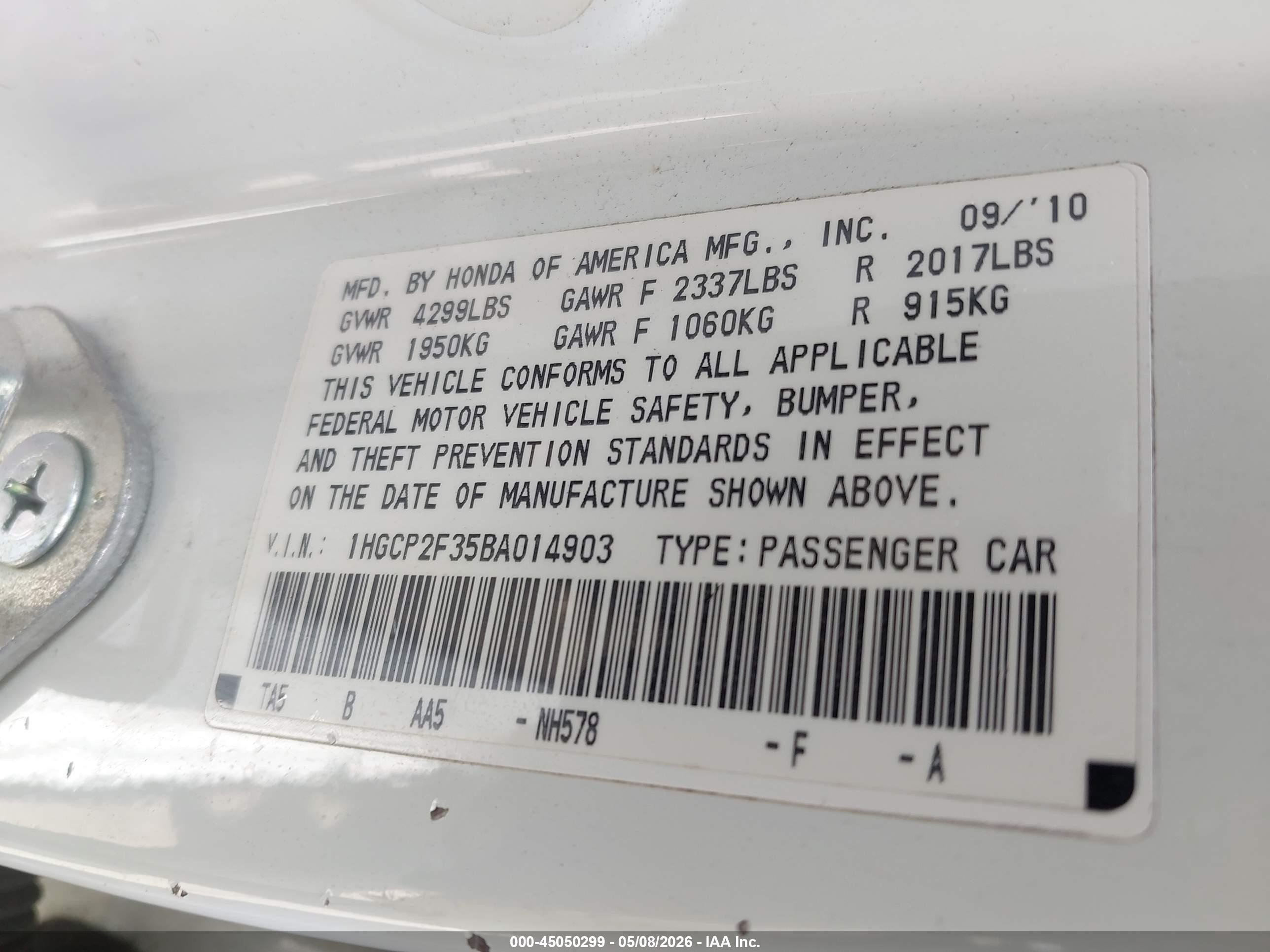 2011 Honda Accord 2.4 Lx White vin: 1HGCP2F35BA014903