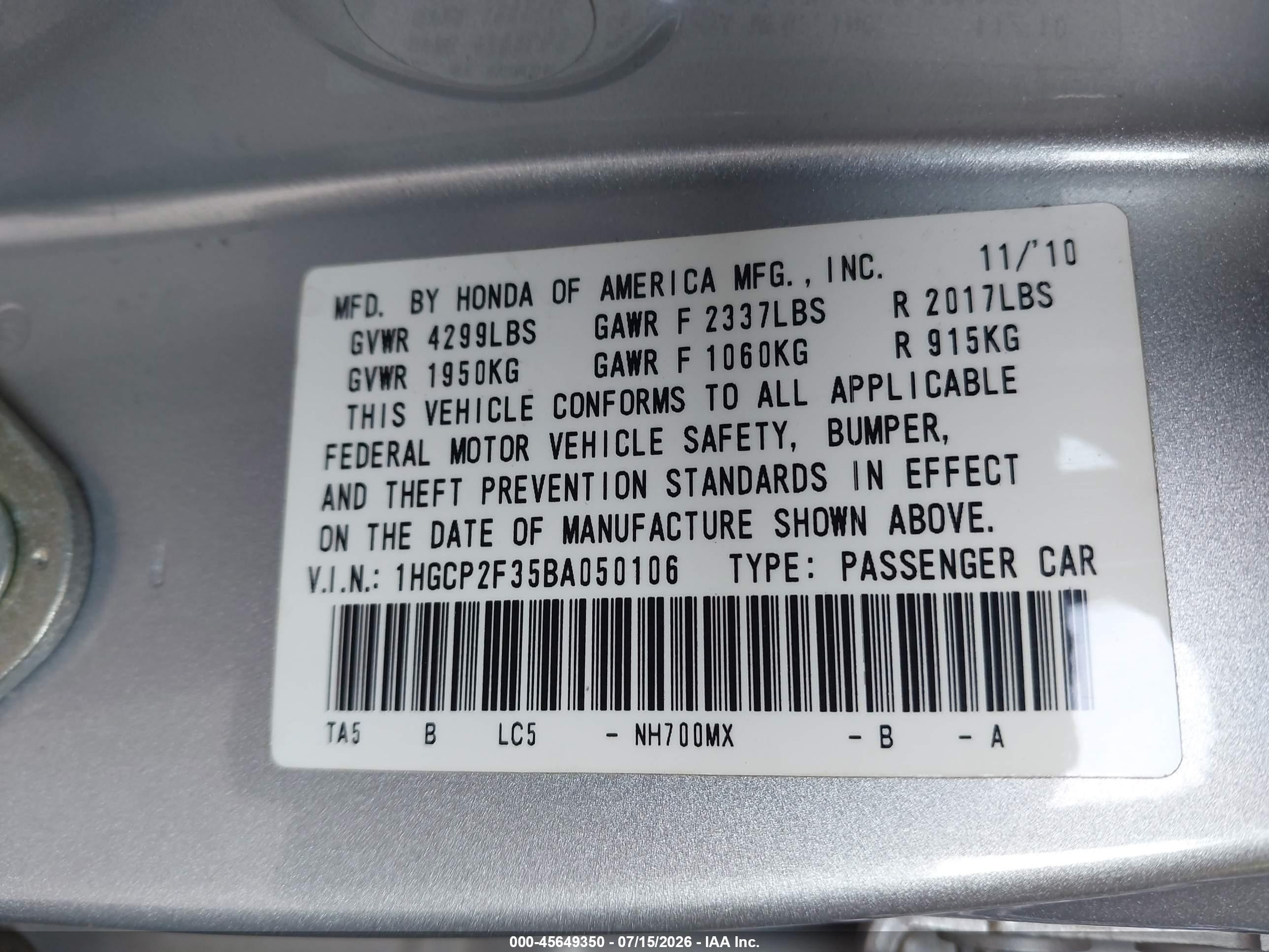 2011 Honda Accord 2.4 Lx Серебряный vin: 1HGCP2F35BA050106