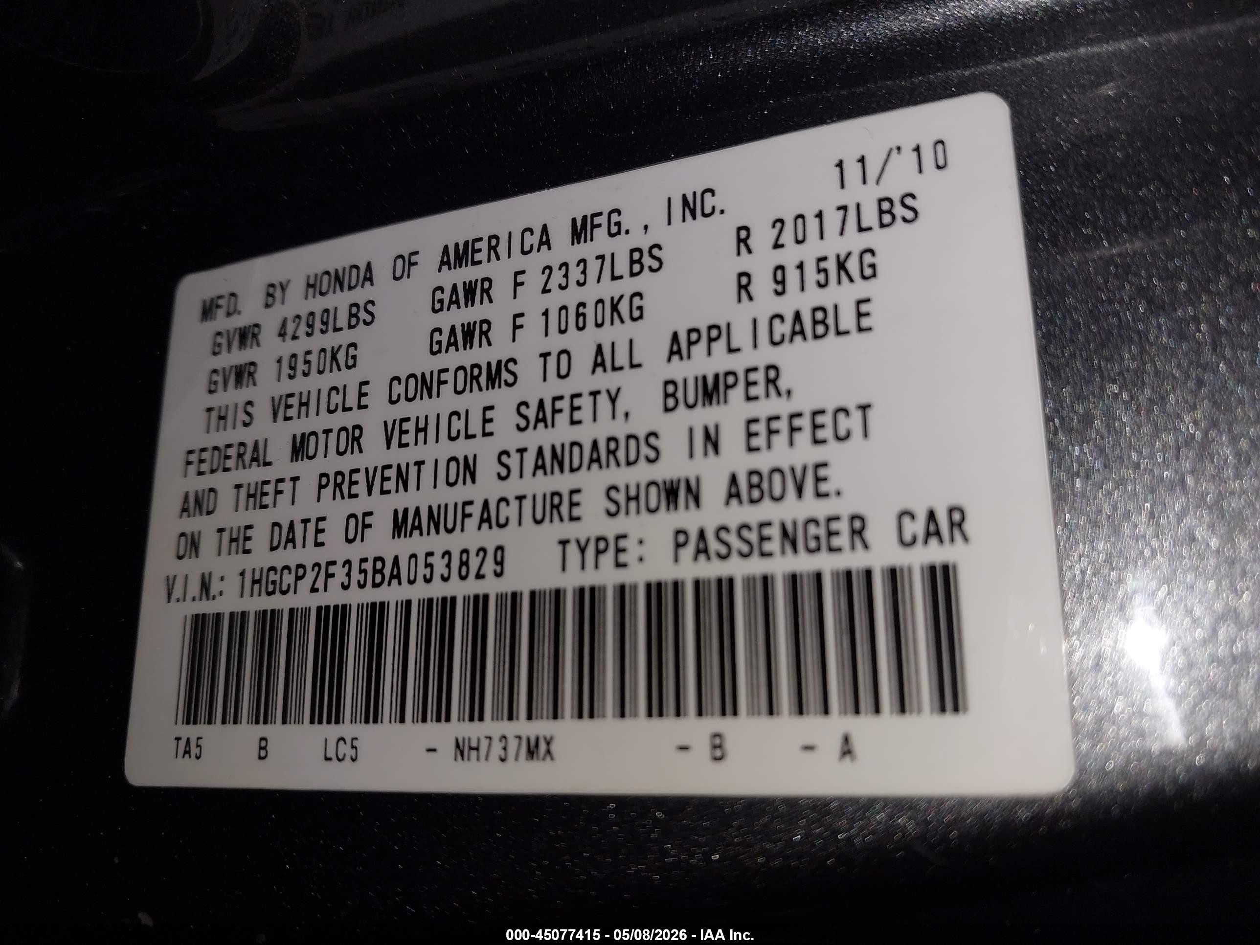 2011 Honda Accord 2.4 Lx Gray vin: 1HGCP2F35BA053829