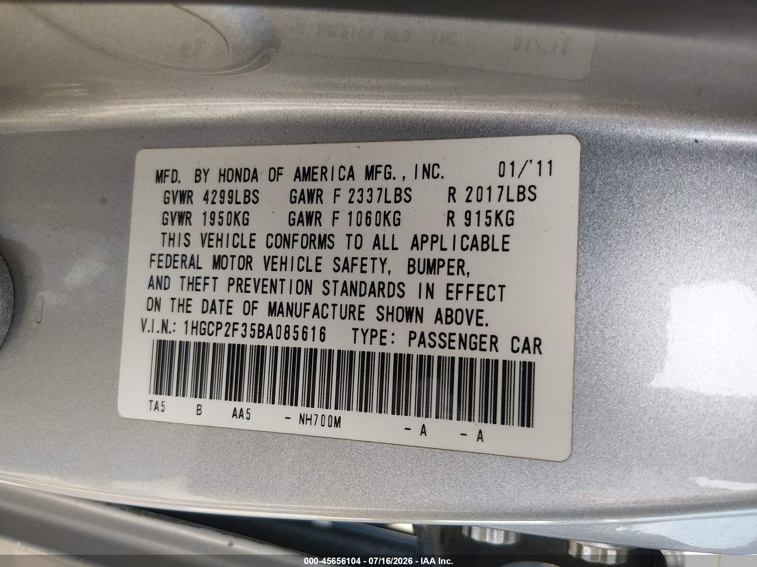 2011 Honda Accord 2.4 Lx Silver vin: 1HGCP2F35BA085616