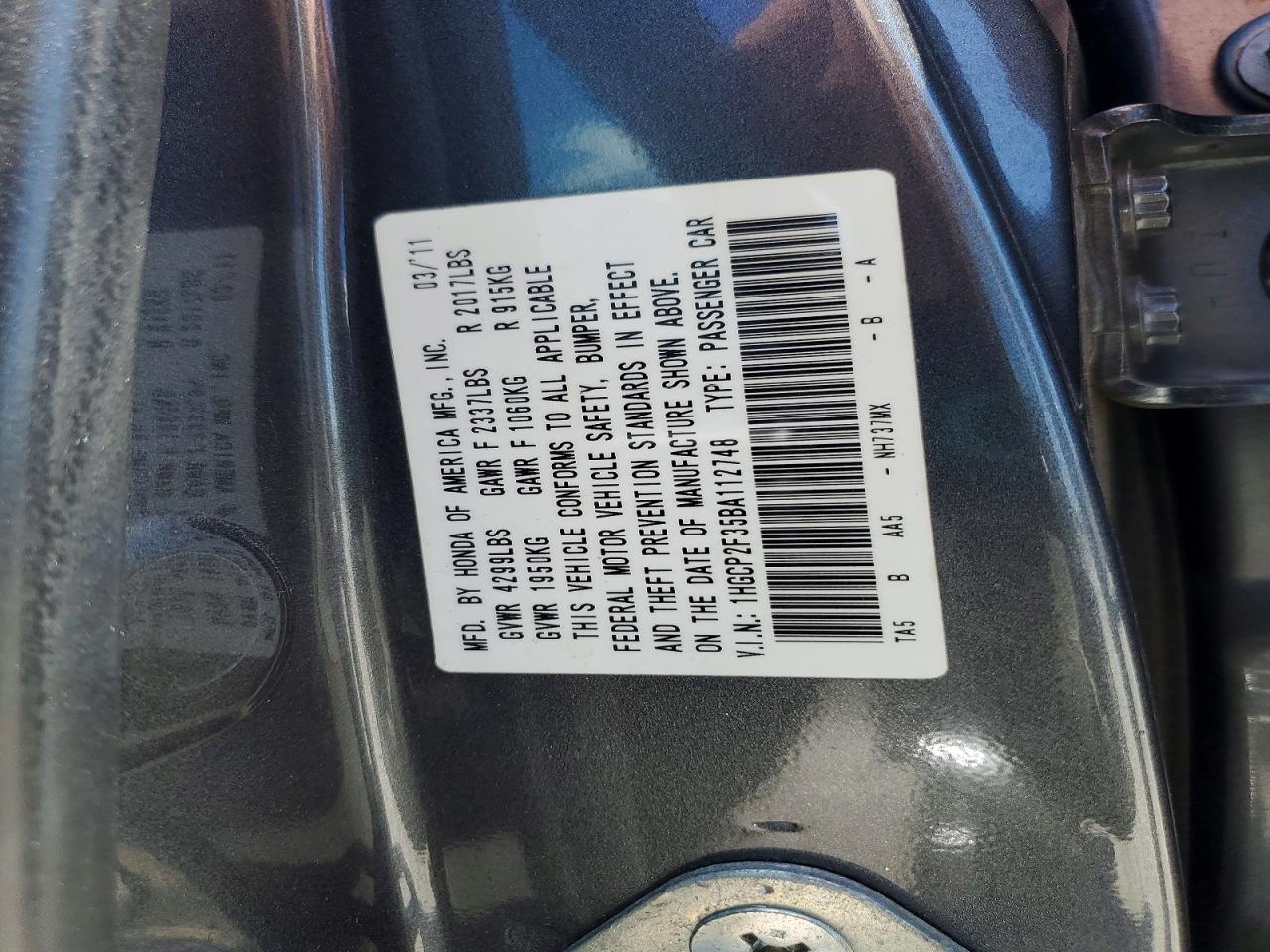2011 Honda Accord Lx Gray vin: 1HGCP2F35BA112748