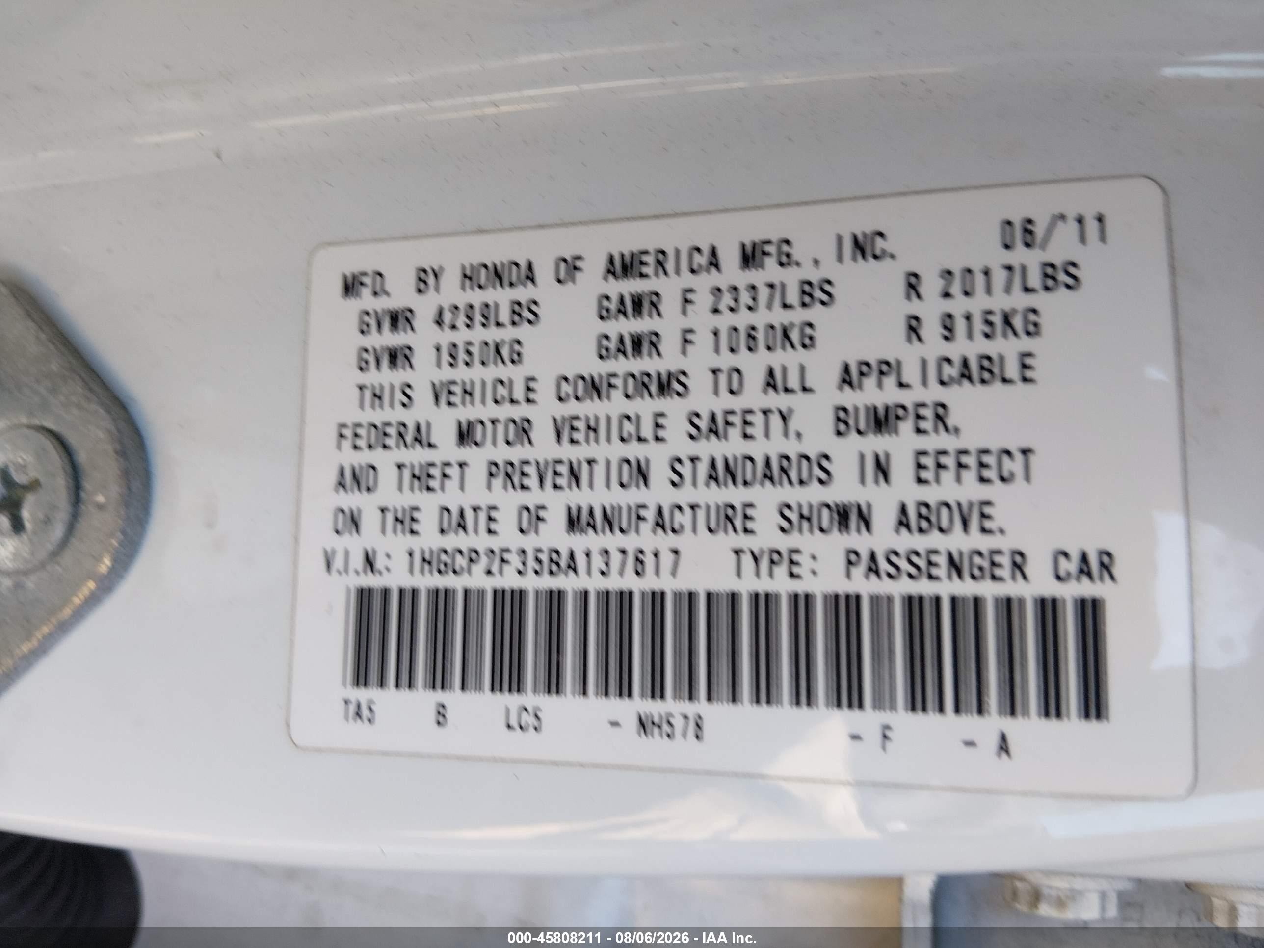 2011 Honda Accord 2.4 Lx White vin: 1HGCP2F35BA137617