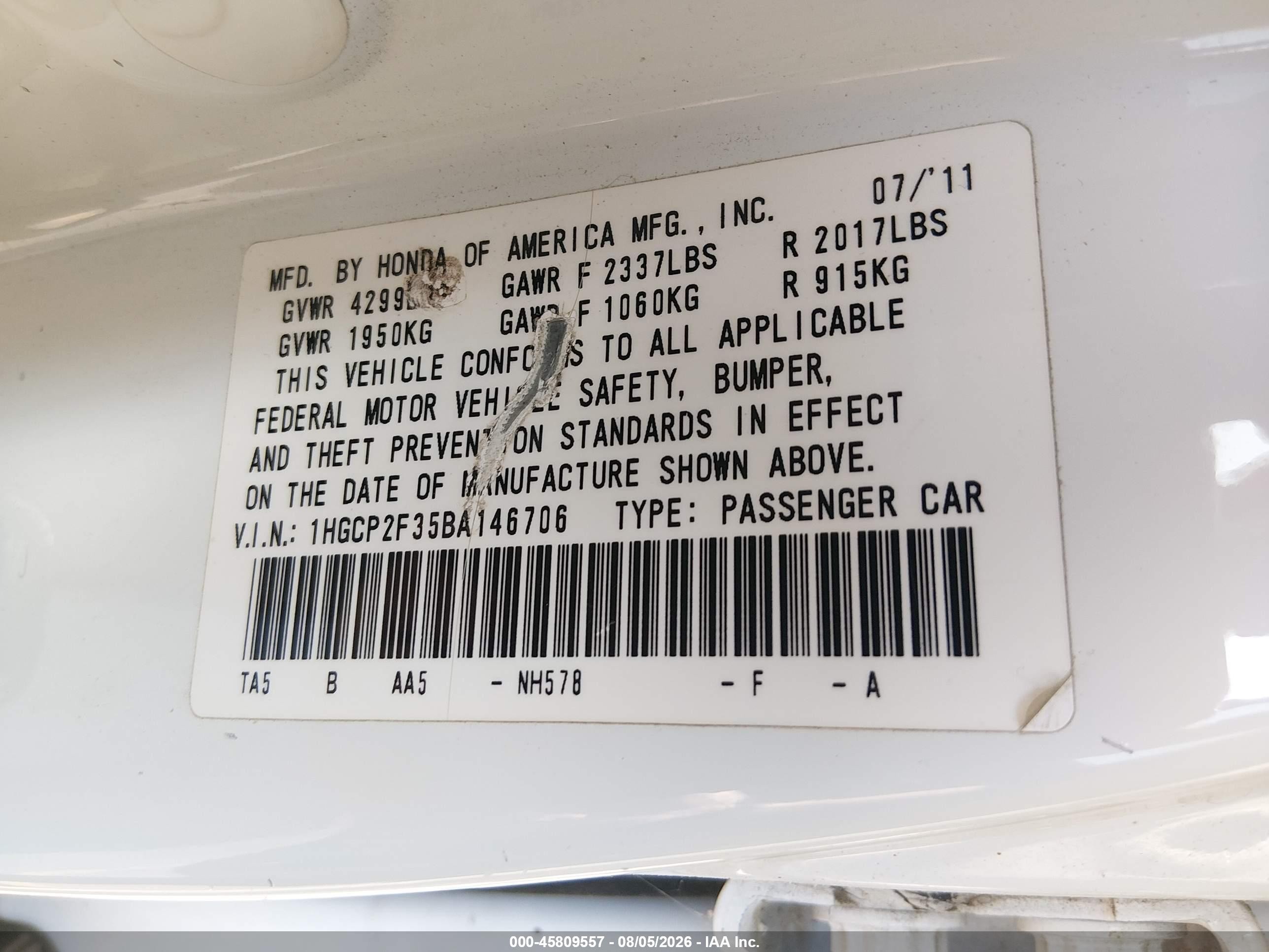 2011 Honda Accord 2.4 Lx White vin: 1HGCP2F35BA146706