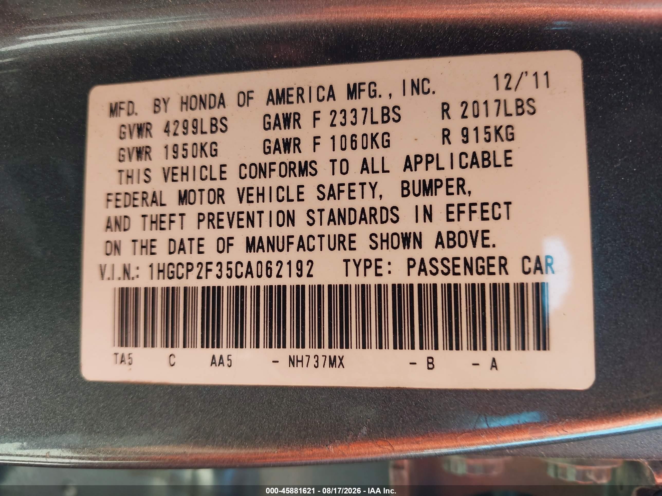 2012 Honda Accord 2.4 Lx Gray vin: 1HGCP2F35CA062192
