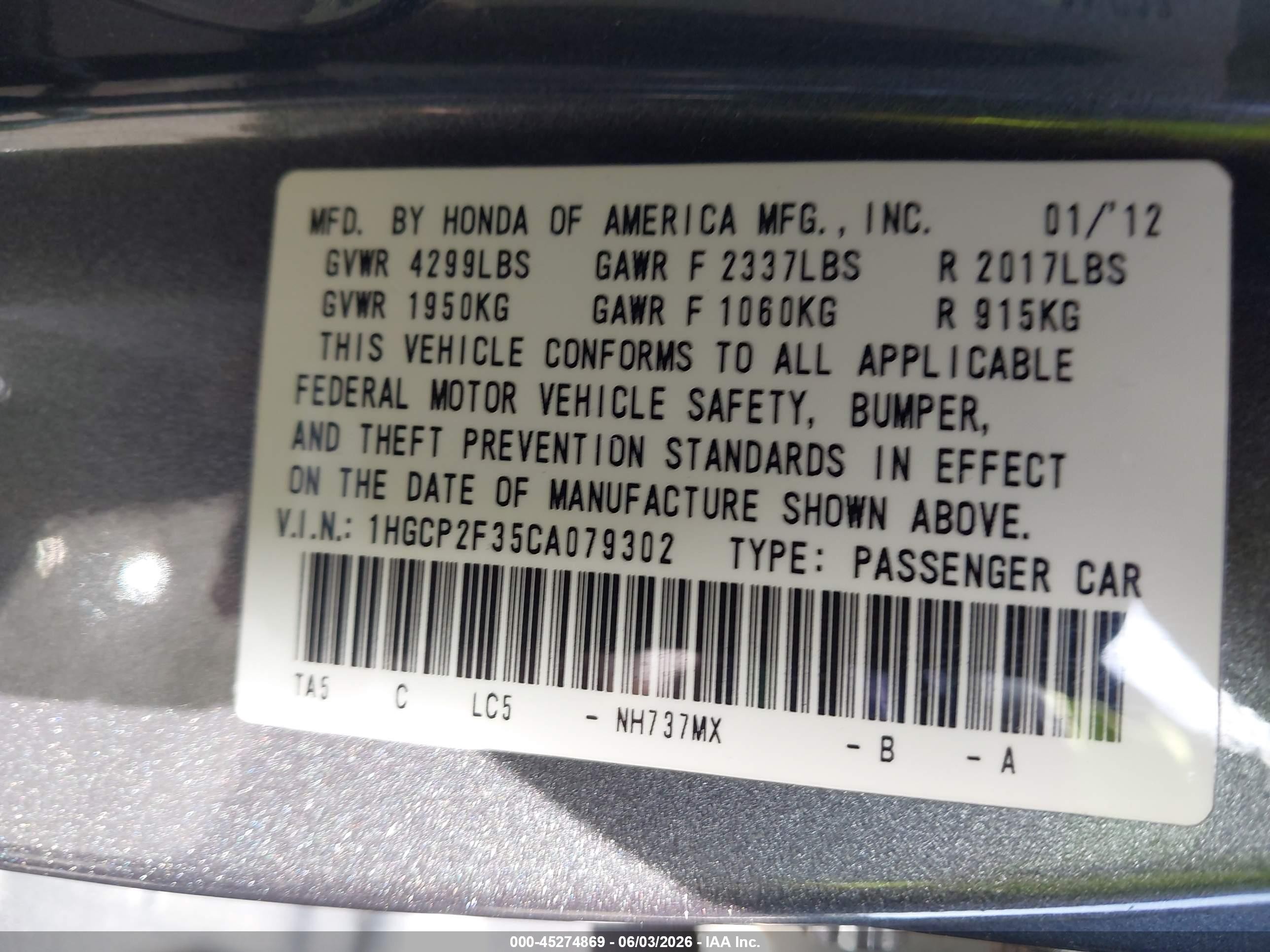 2012 Honda Accord 2.4 Lx Gray vin: 1HGCP2F35CA079302