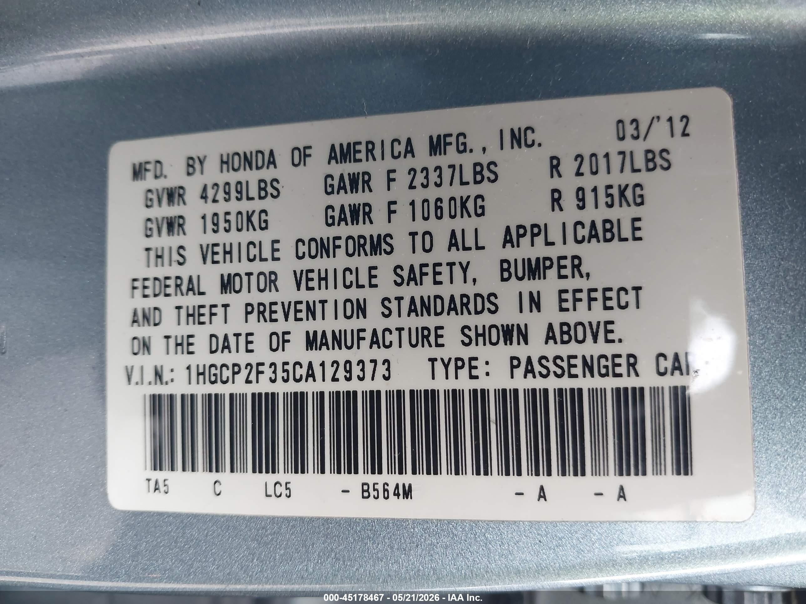 2012 Honda Accord 2.4 Lx Blue vin: 1HGCP2F35CA129373