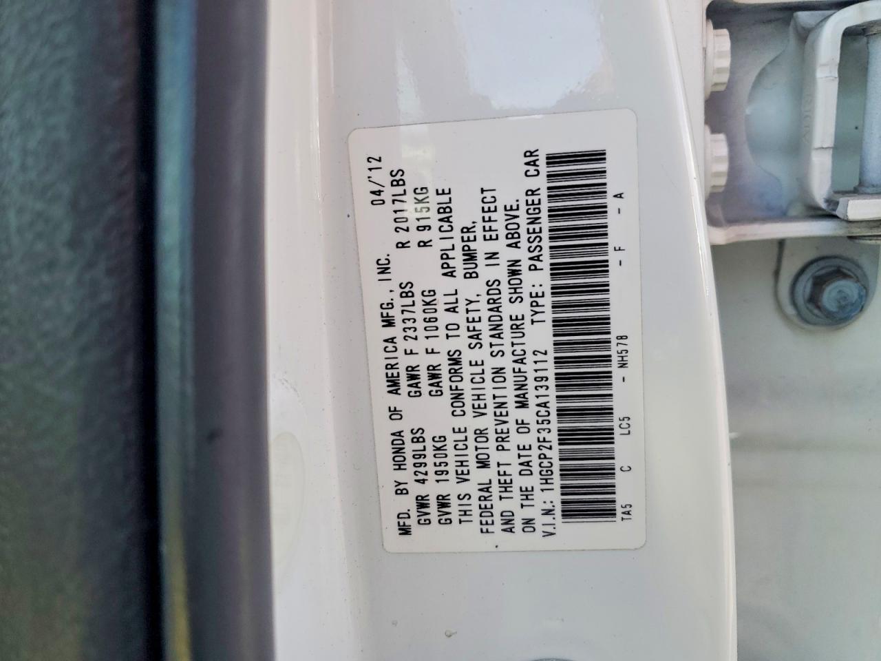 2012 Honda Accord Lx White vin: 1HGCP2F35CA139112