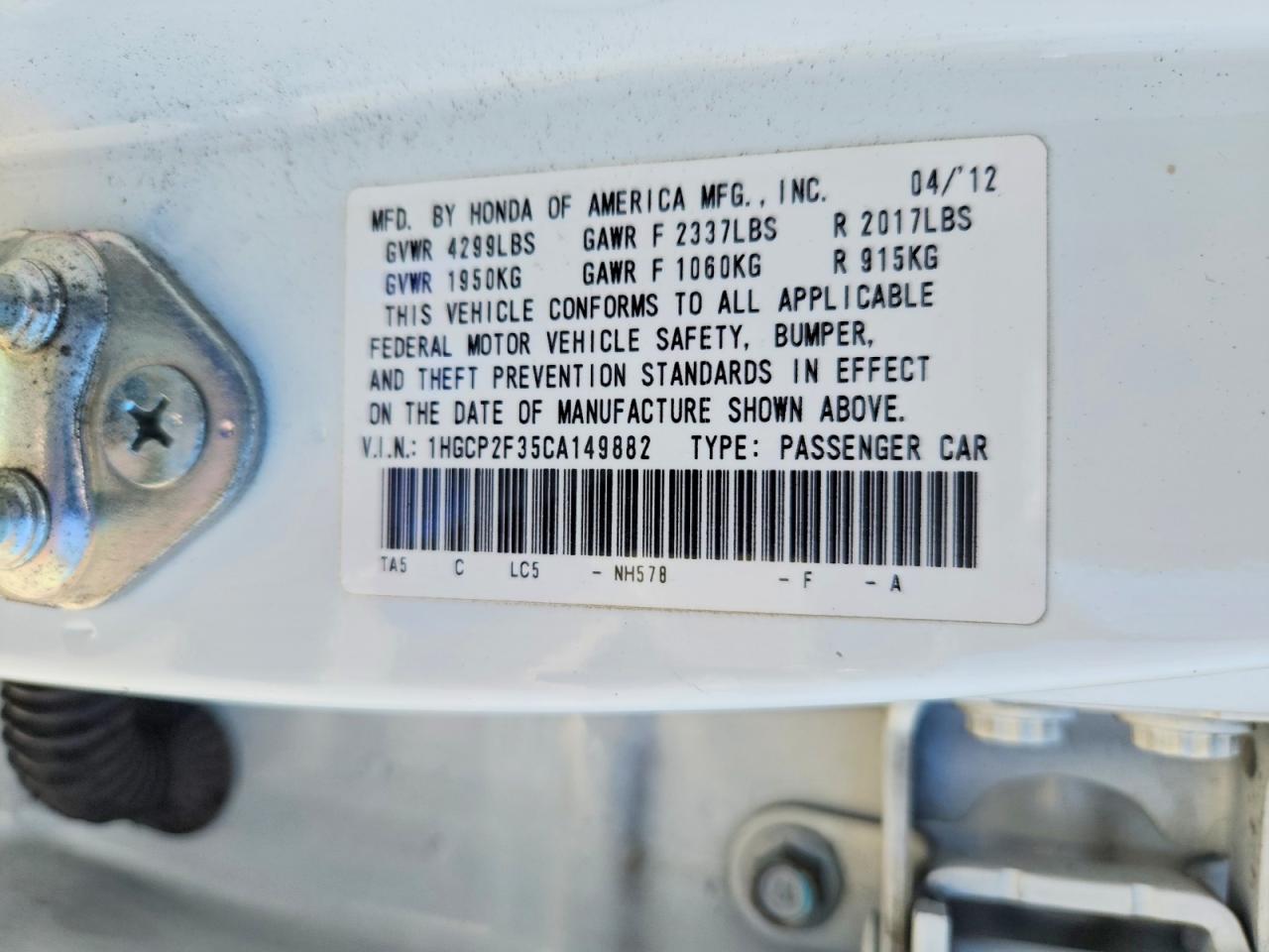 2012 Honda Accord Lx White vin: 1HGCP2F35CA149882
