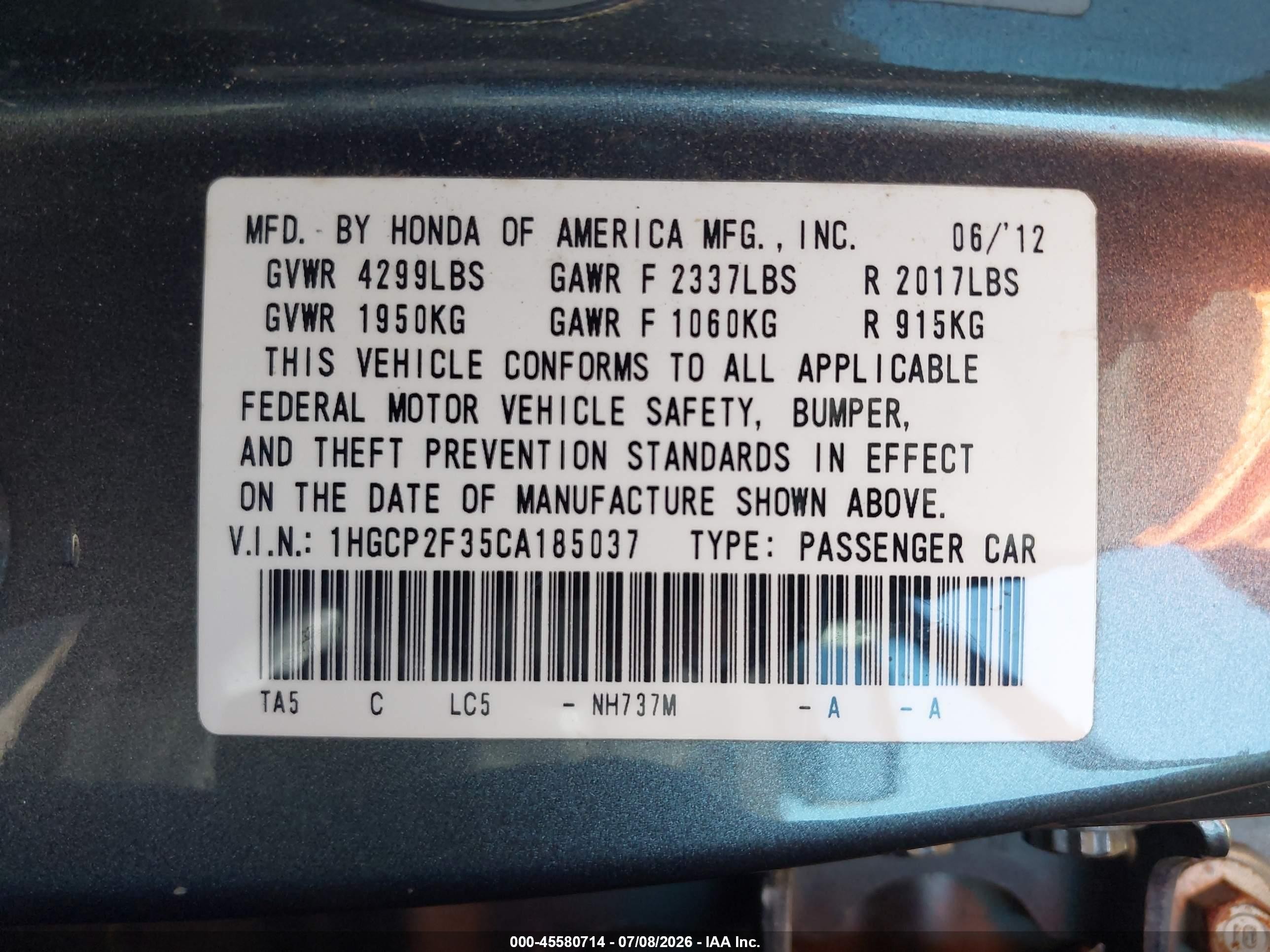2012 Honda Accord Sdn Lx Gray vin: 1HGCP2F35CA185037