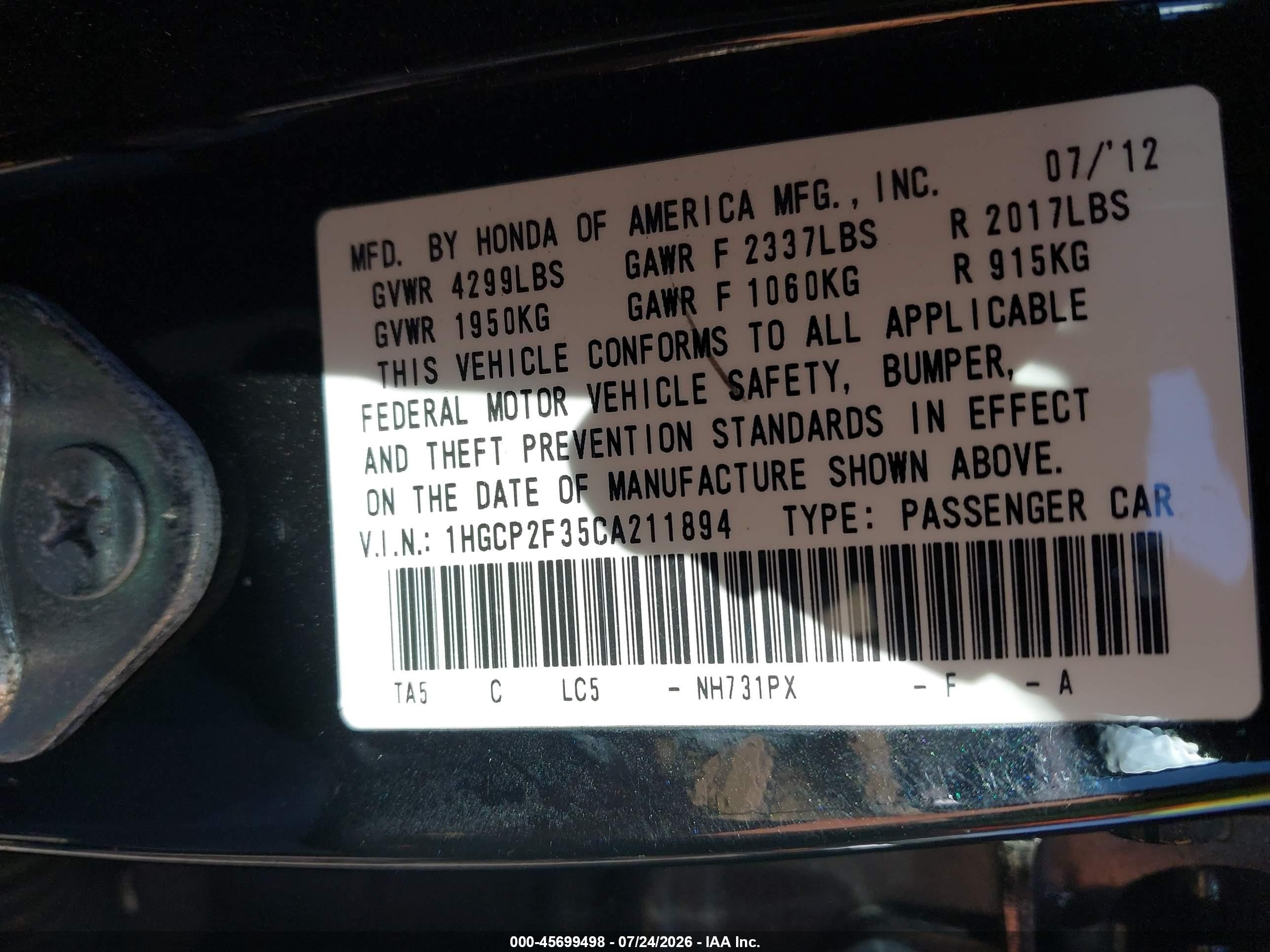 2012 Honda Accord Sdn Lx Black vin: 1HGCP2F35CA211894