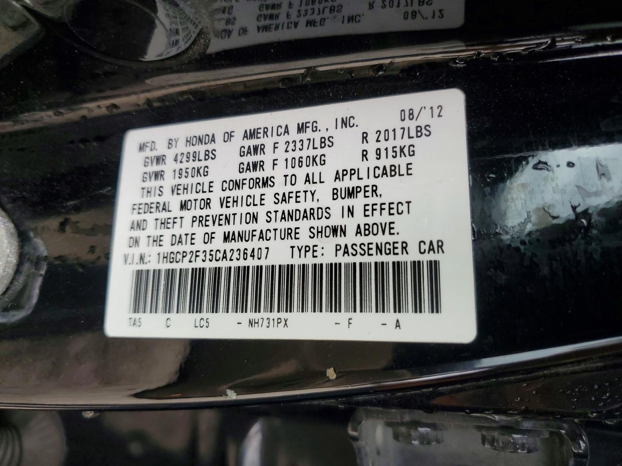 2012 Honda Accord Lx Black vin: 1HGCP2F35CA236407