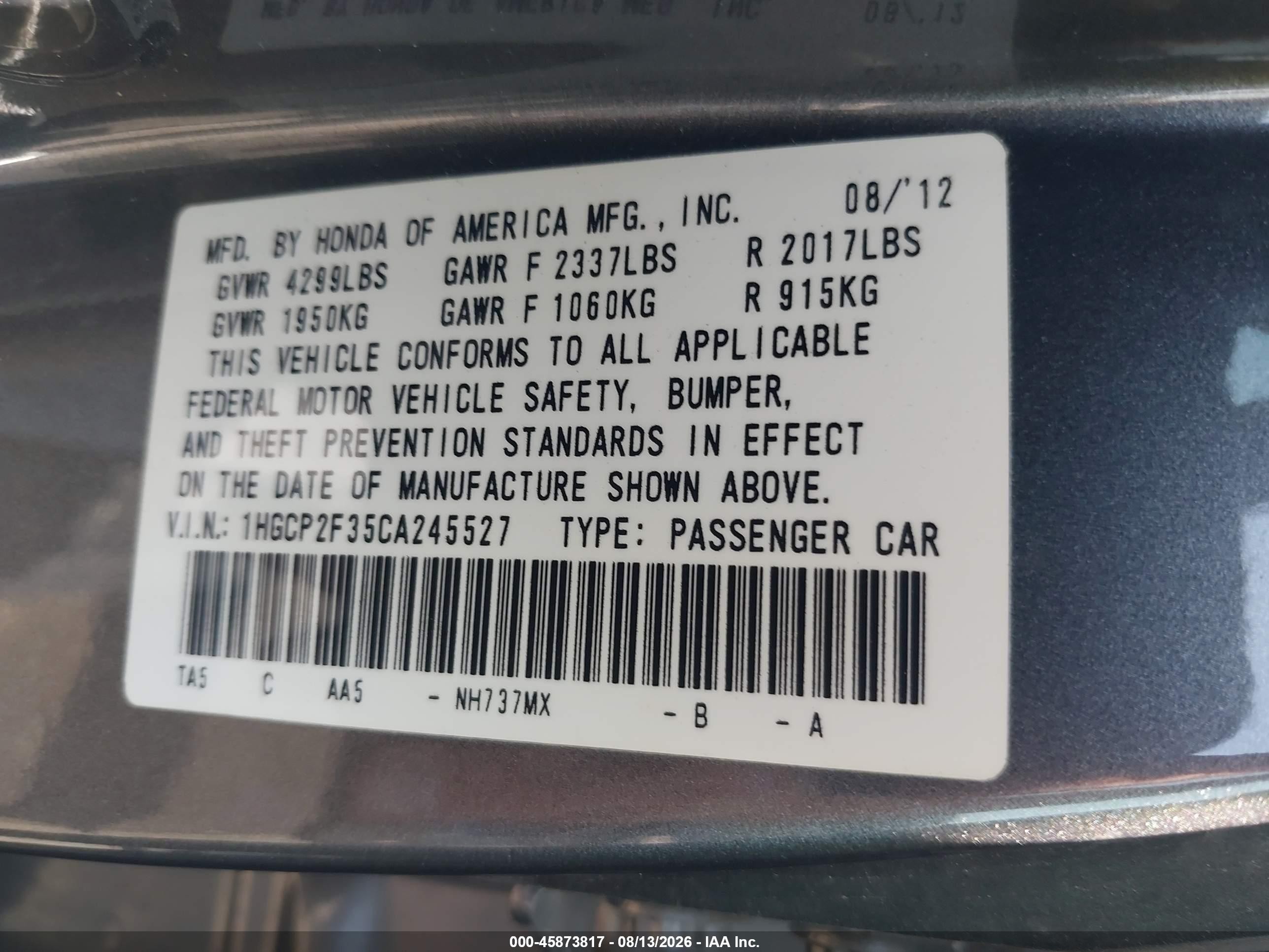 2012 Honda Accord Sdn Lx Серый vin: 1HGCP2F35CA245527